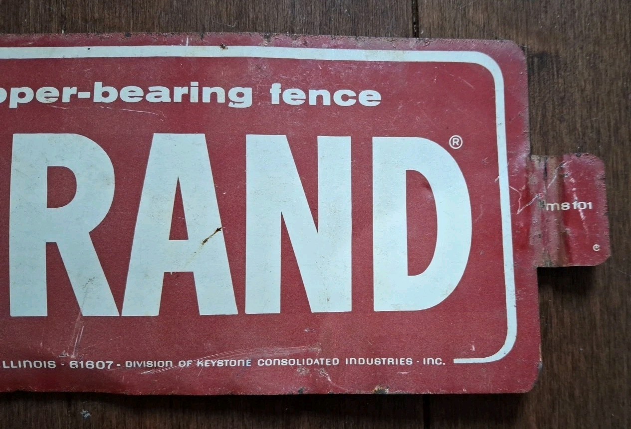 Vintage Red Brand Keystone Galvanized Copper Bearing Fence Metal Tin Sign W/ Tab