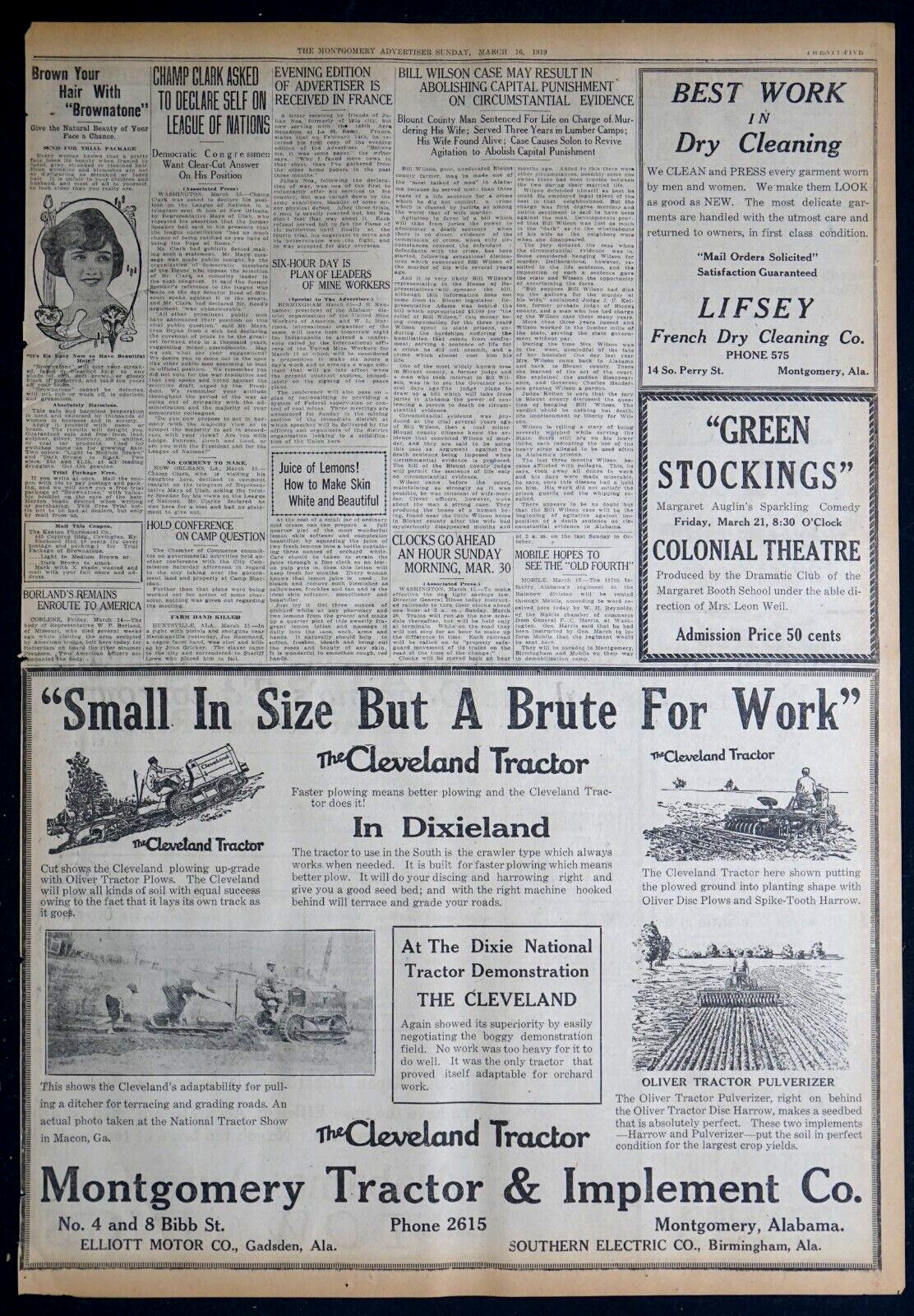 1919 Montgomery Alabama Newspaper Page – Large Cleveland Tractor Ad