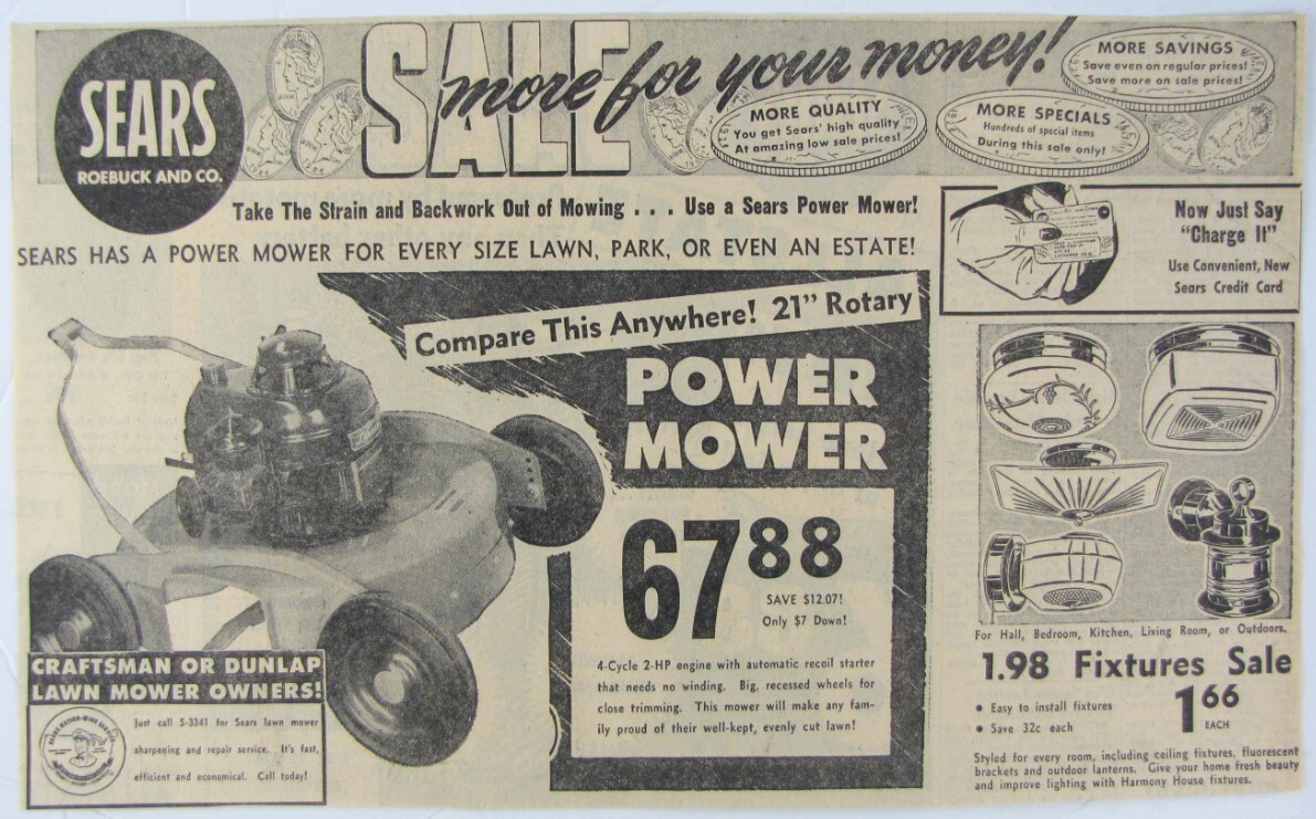 Vintage 1956 CRAFTSMAN Lawn Mower Newspaper Print Ad