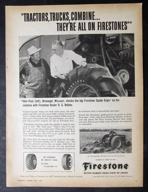 Original 1958 Firestone Ad Photo Endorsed by John Post of Bronaugh Missouri