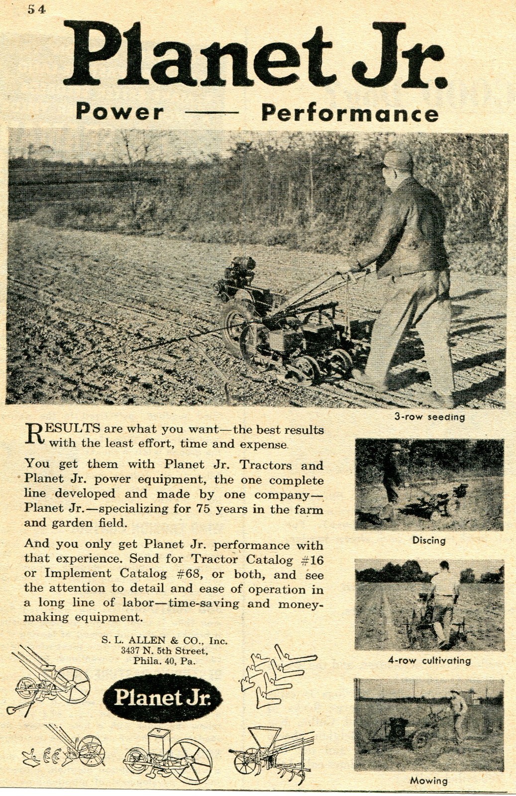 1948 small Print Ad of SL Allen Planet Jr Garden Tractor power performance