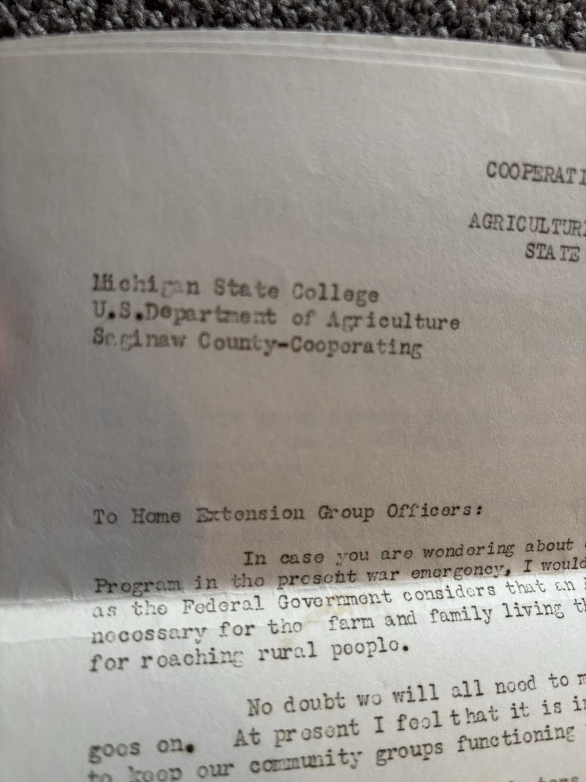 1942 Letter Cooperative Extension Work In Agriculture & Home Economics MI State