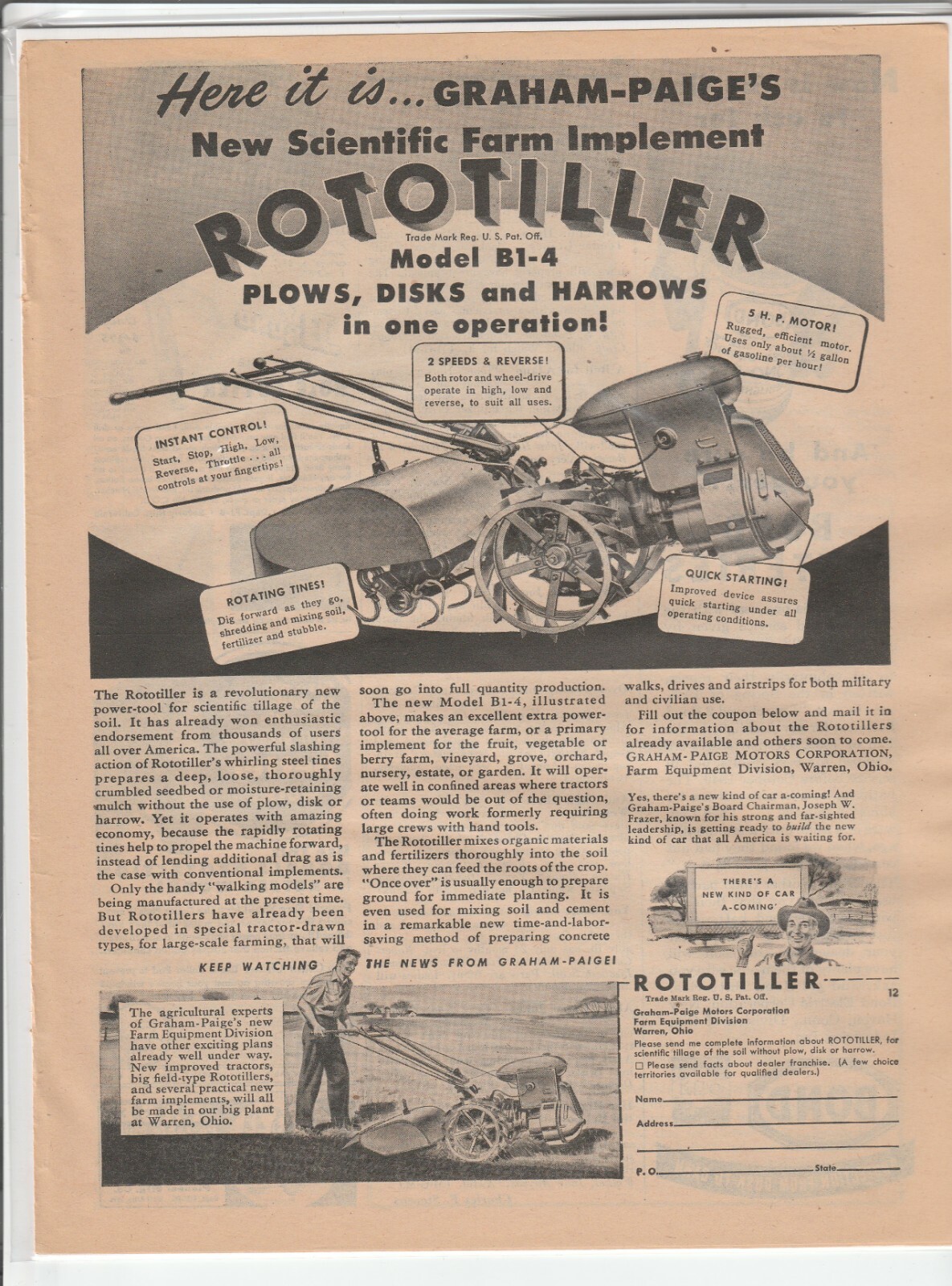Original 1945 Graham-Paige Rototiller Model B1-4 Magazine Ad