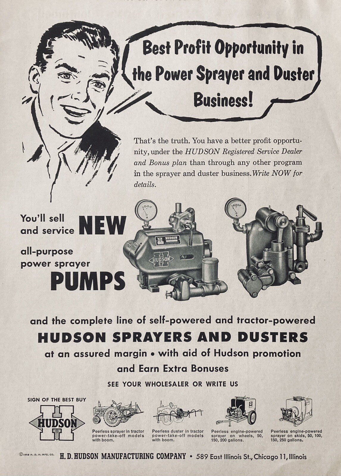1958 AD.(XH67)~H.D. HUDSON MFG. CO. CHICAGO. HUDSON SPRAYER AND DUSTER PUMPS