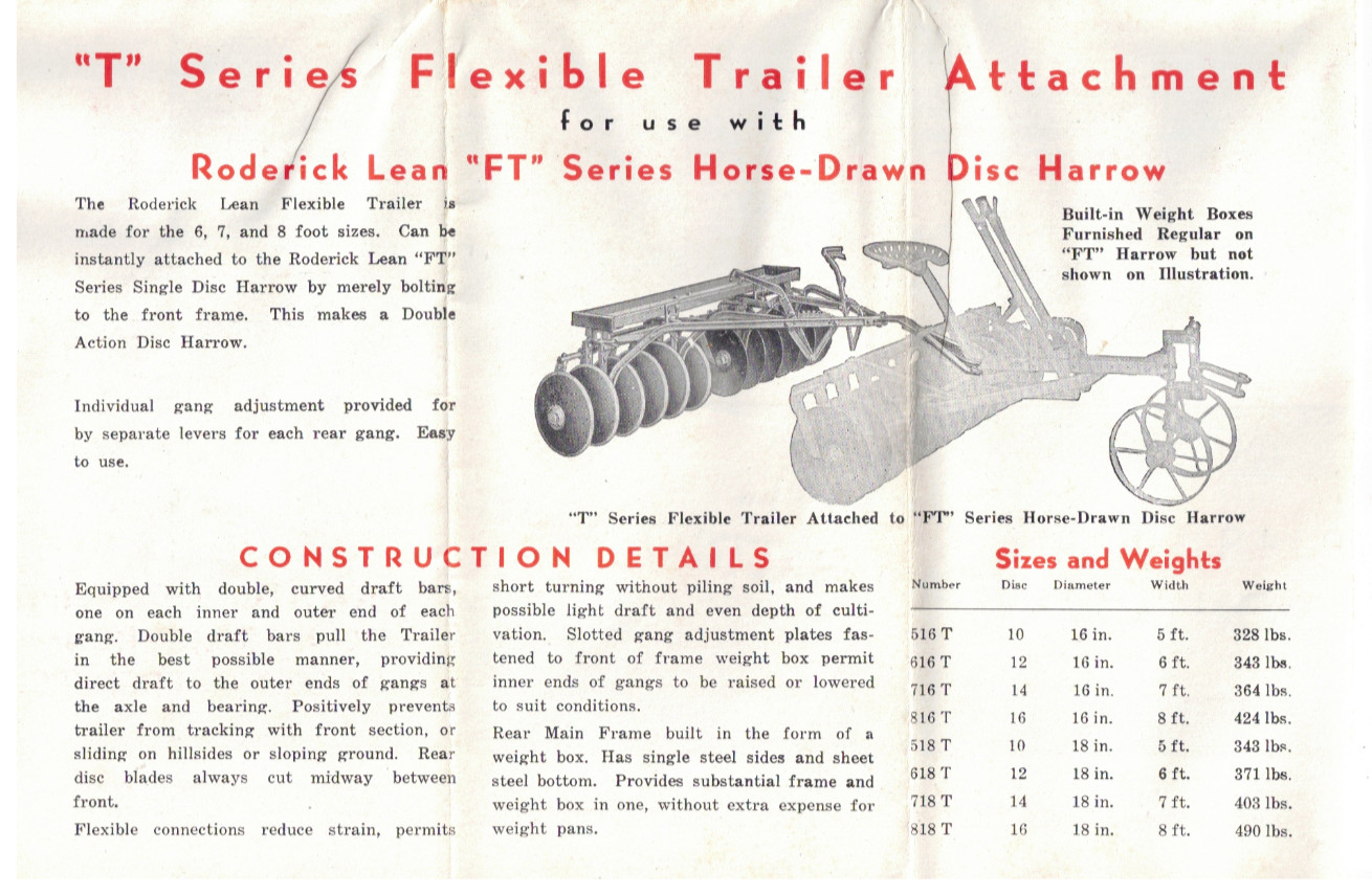 VTG 1938 RODERICK LEAN DISC HARROW ADVERTISING POSTER/BROCHURE! MANSFIELD, OH!