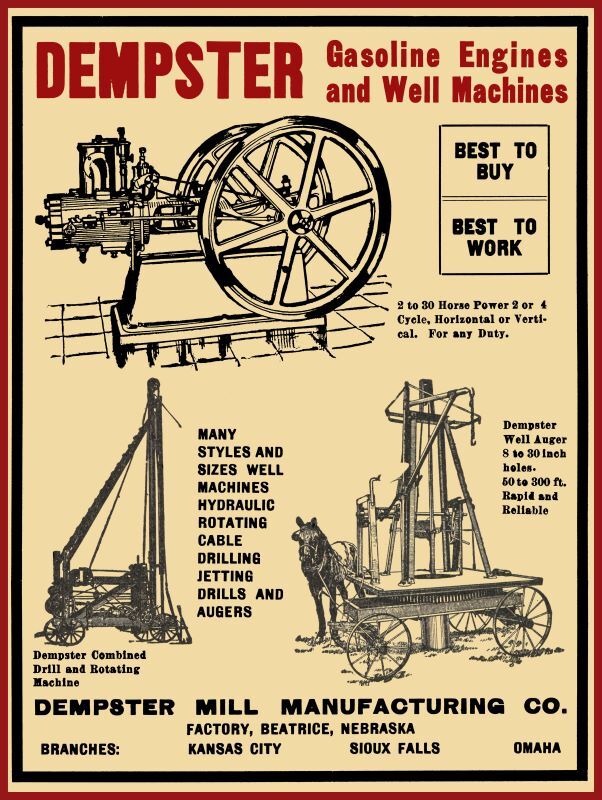 1906 Dempster Mill Co. NEW Metal Sign: Gas Engines & Well Machines – Beatrice NE
