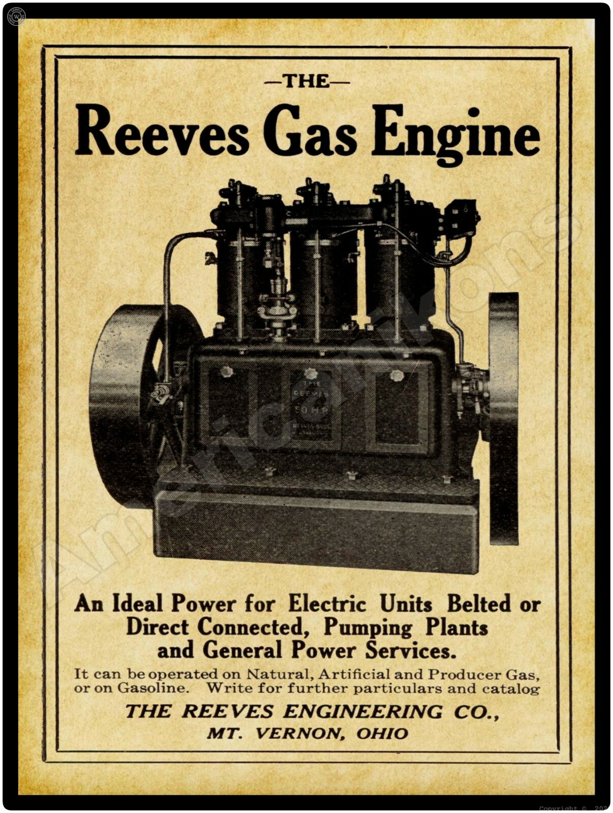 1910 Reeves Engineering Co. Gas Engines New Metal Sign: LARGE SIZE 12 x 16