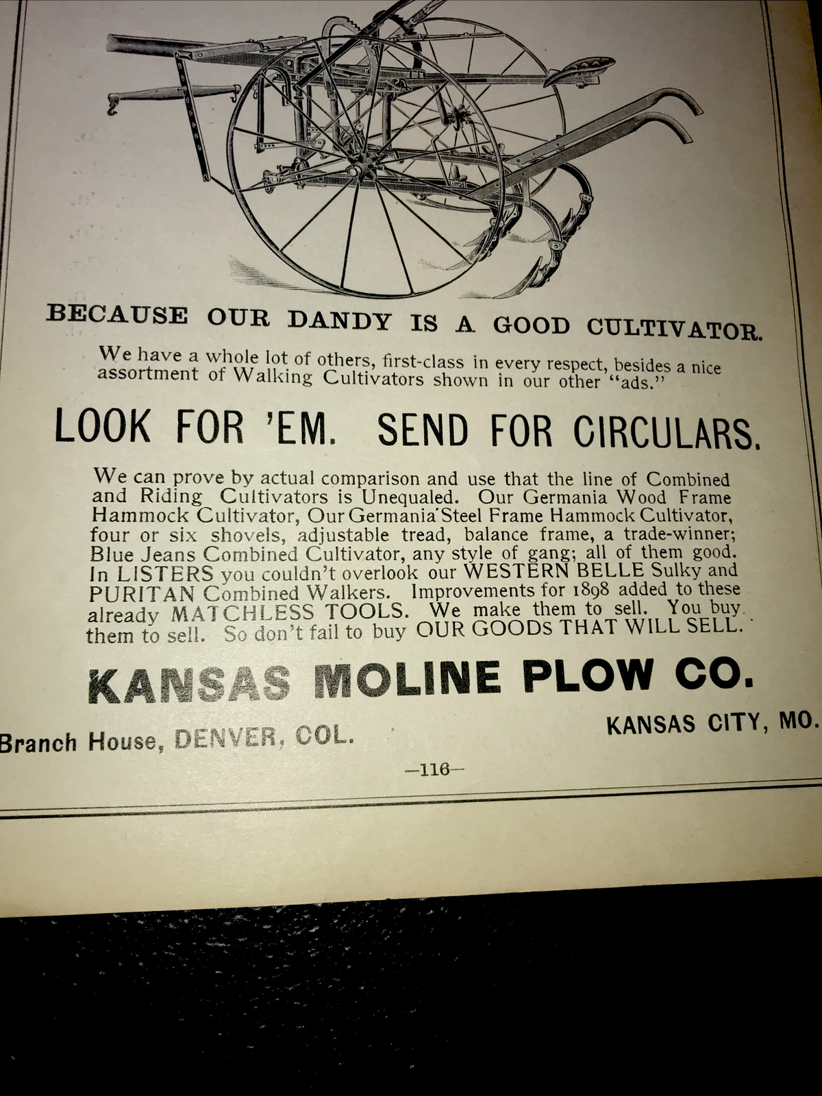 1898 Kansas Moline Plow Co. Farm Advertising – Kansas City – Missouri – Denver