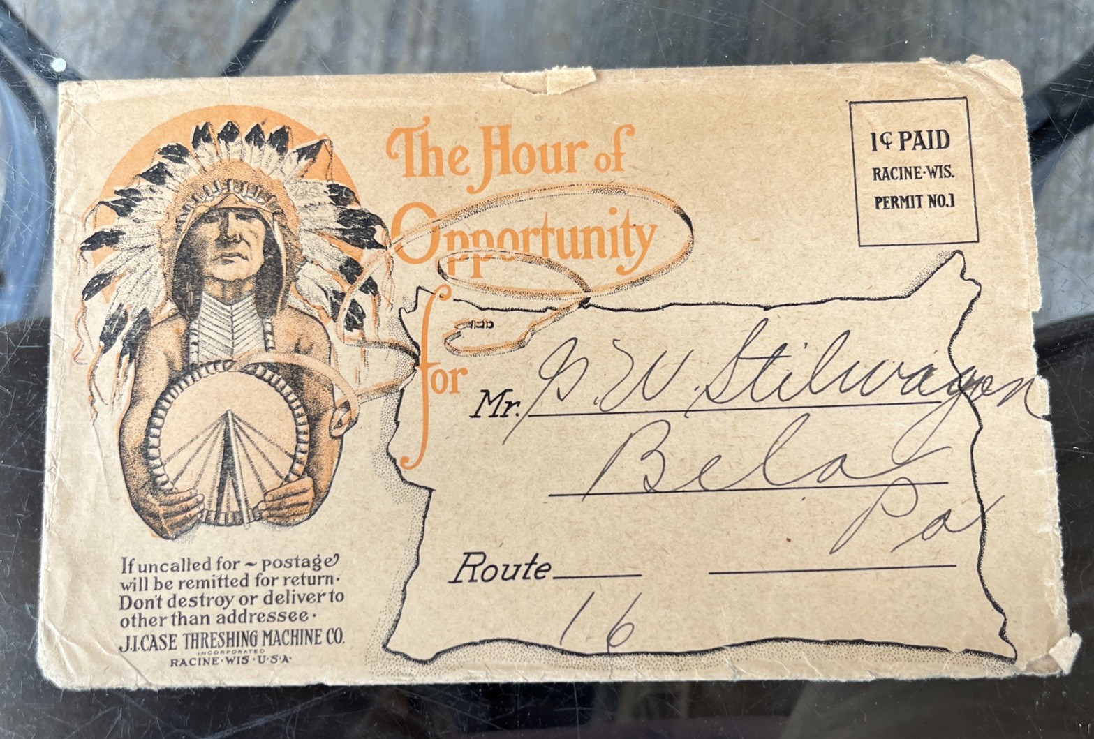 Antique J.I. Case Steam Tractor Engine Envelope, Bela Pa. Clarion Co., Indian