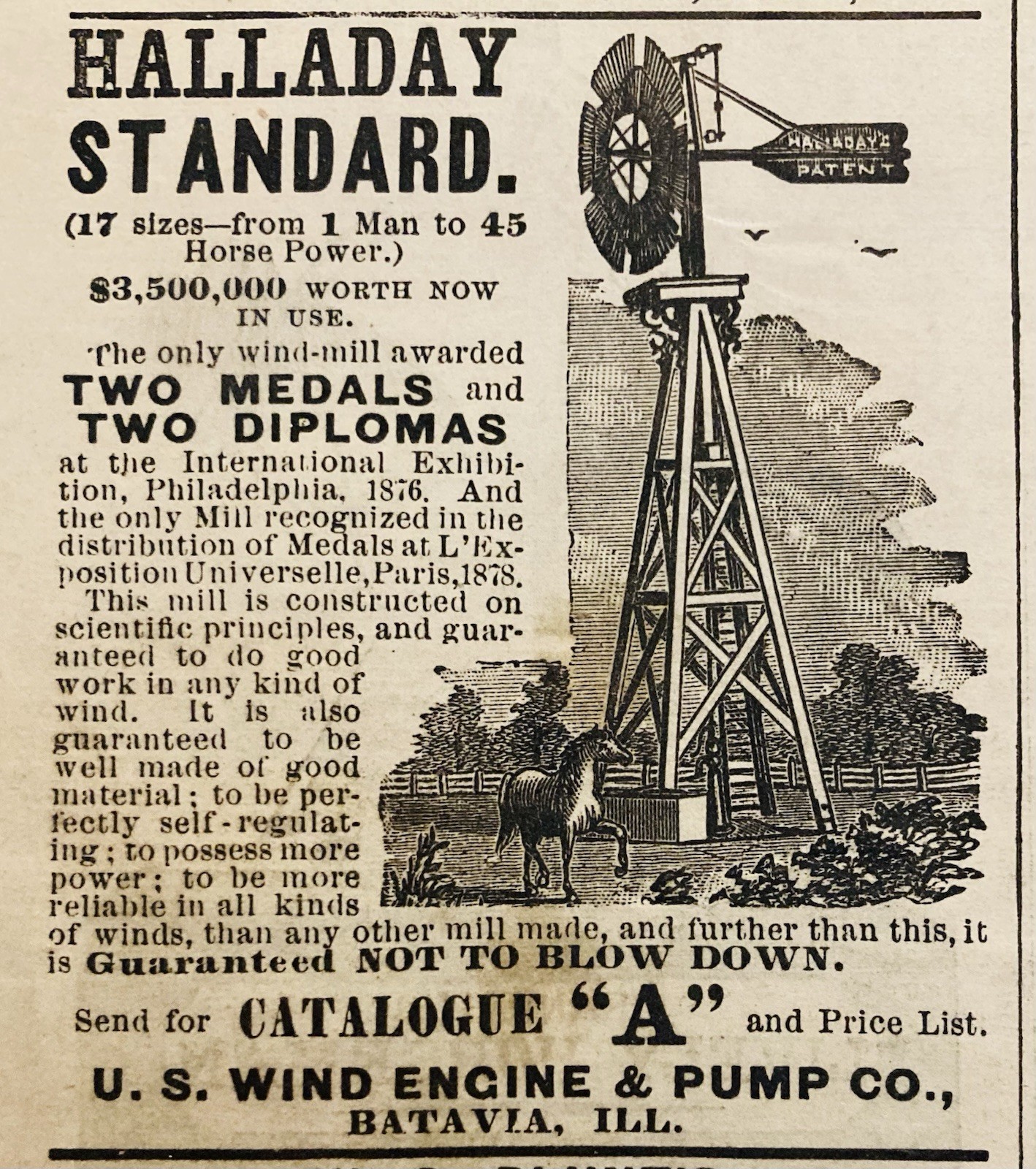 1879 AD.(XH87)~U.S. WIND ENGINE PUMP CO. BATAVIA, ILL. HALLADAY WINDMILLS
