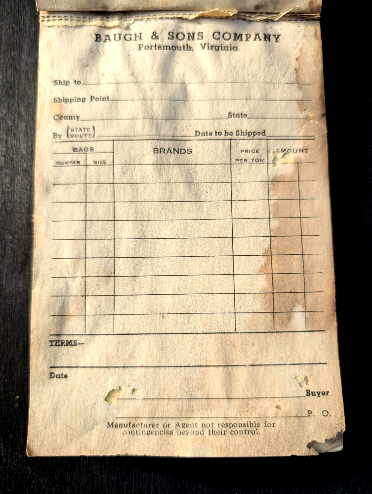BAUGH & SONS COMPANY Portsmouth Virginia Vintage Old Sales Consumer&rsquo;s Order Book
