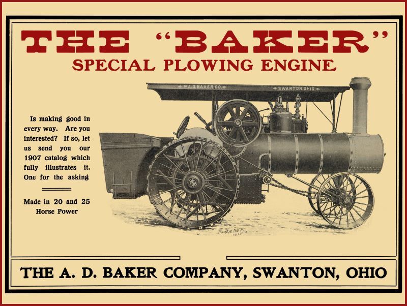 1906 A.D. Baker Co. NEW Metal Sign: Special Plowing Steam Engine – Swanton, OhiO