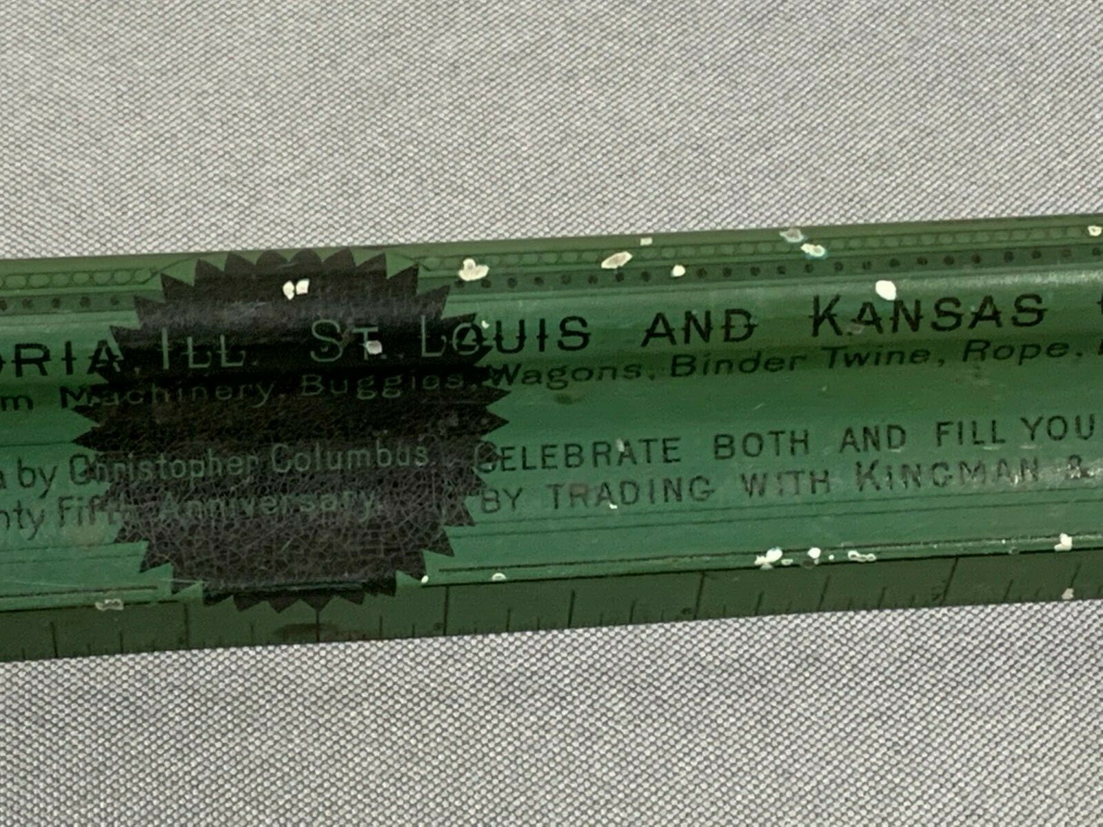 1892 KINGMAN & CO Farm Plow Wagon Binder Twine Bicycle METAL RULER Kansas City