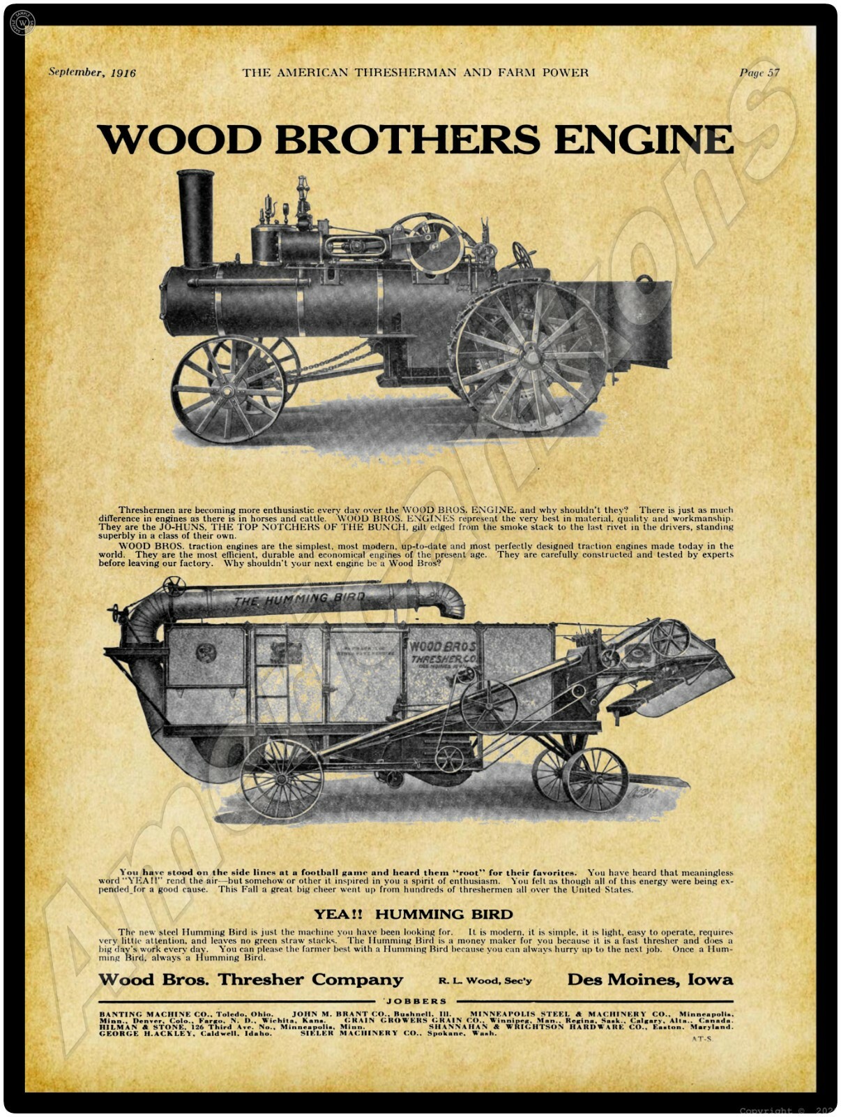 1916 Wood Brothers Traction Engine New Metal Sign: LARGE SIZE 12 X 16 Free Ship.
