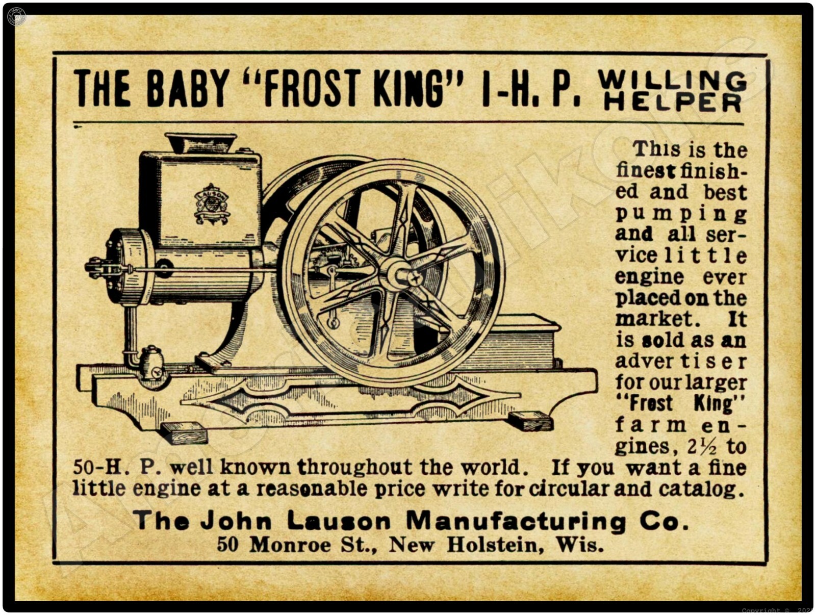 1910 John Lauson Frost King Gas Engines New Metal Sign: LARGE SIZE 12 x 16