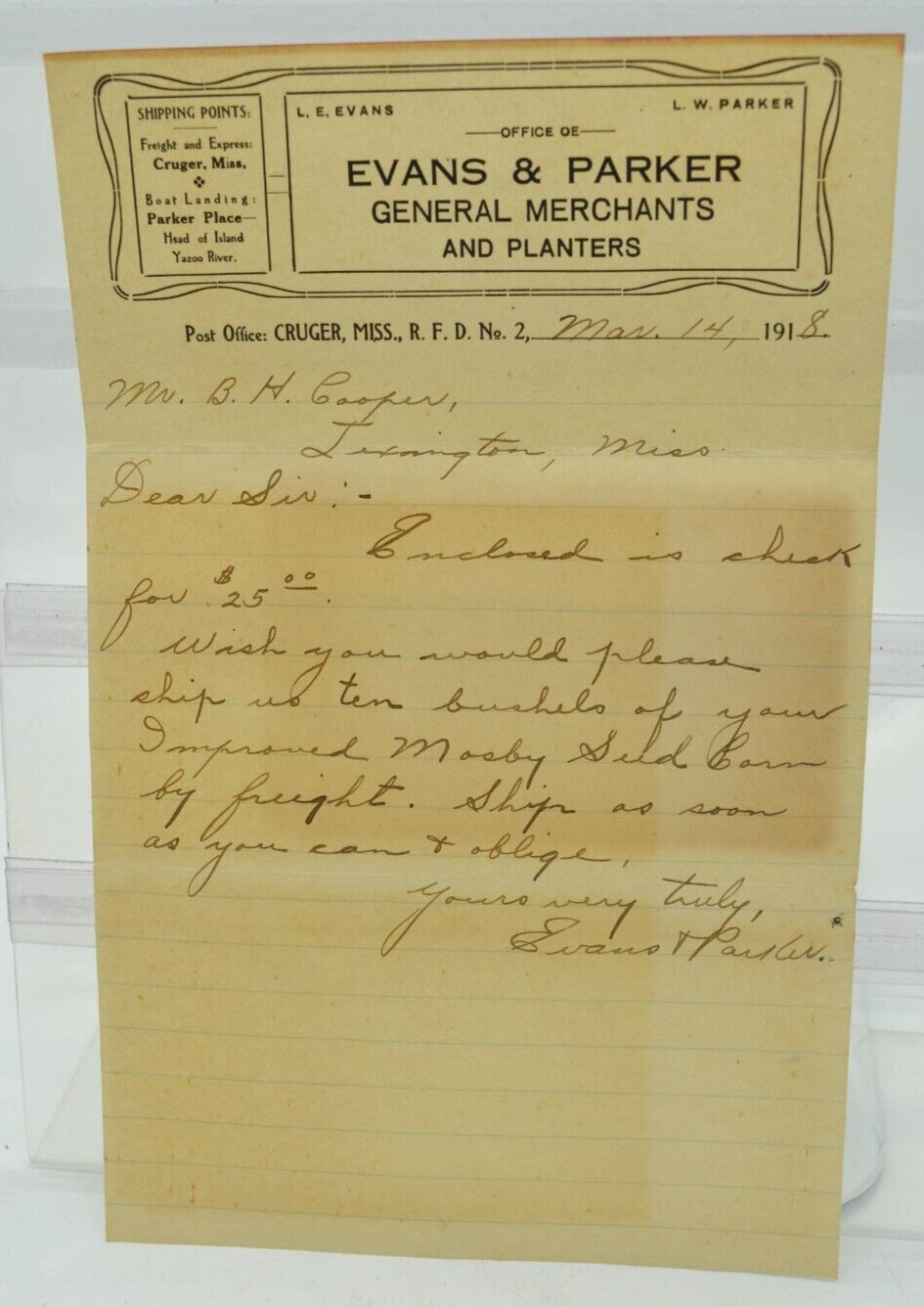 1918 letter Evans & Parker Gen Merchants to Mississippi farmer Mosby Moseby CORN