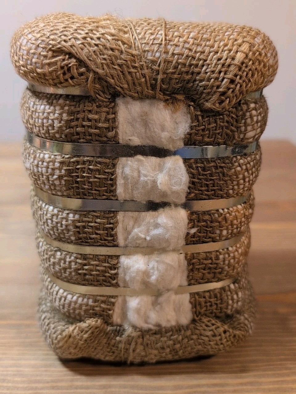 Vintage 6&Prime; Cotton Bale Wrapped In Burlap With Metal Bands Marked Prosper Coop