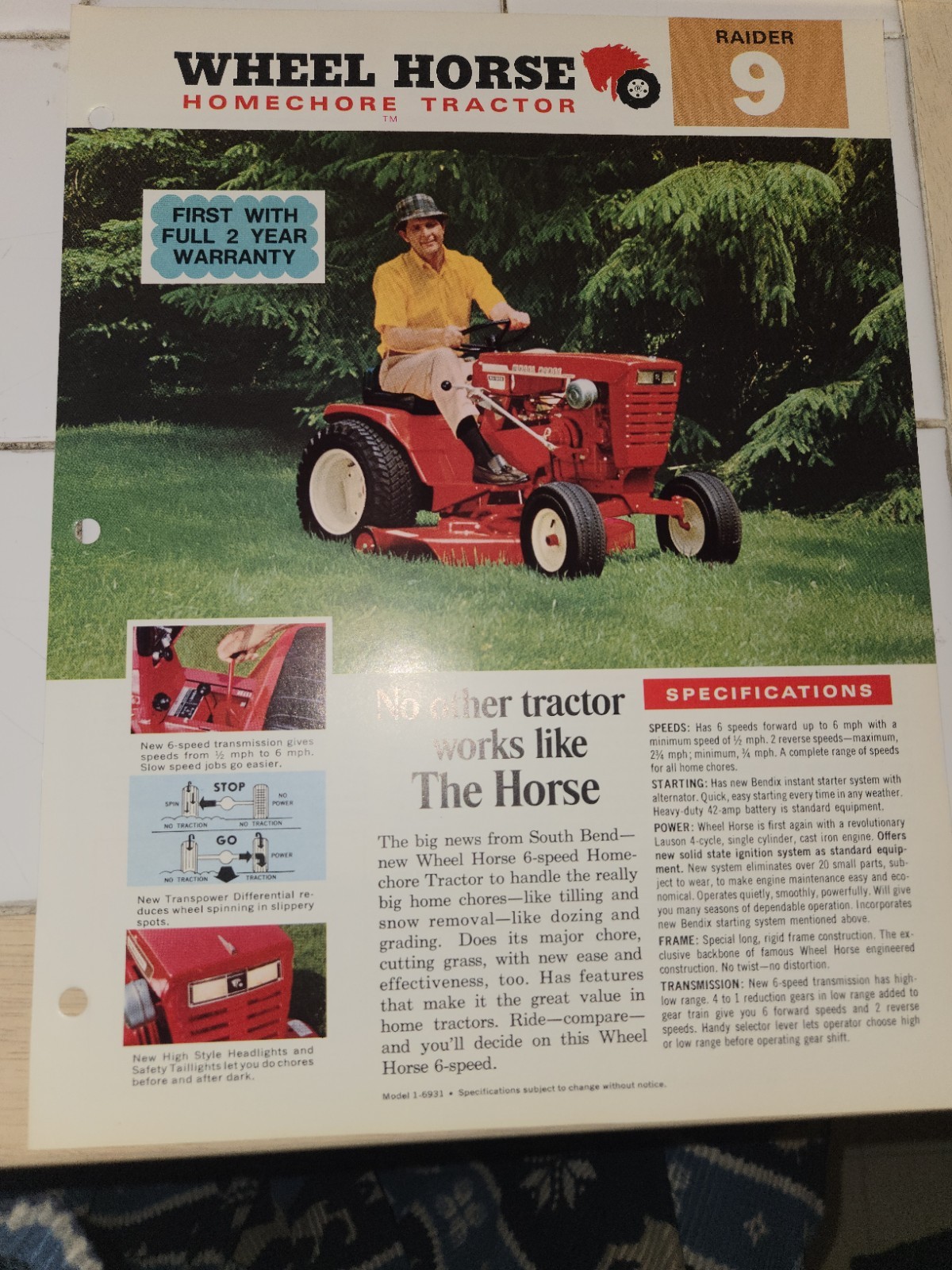 1960s WHEEL HORSE RAIDER 9 DEALER AD WITH SPECIFICATIONS DOUBLE SIDED