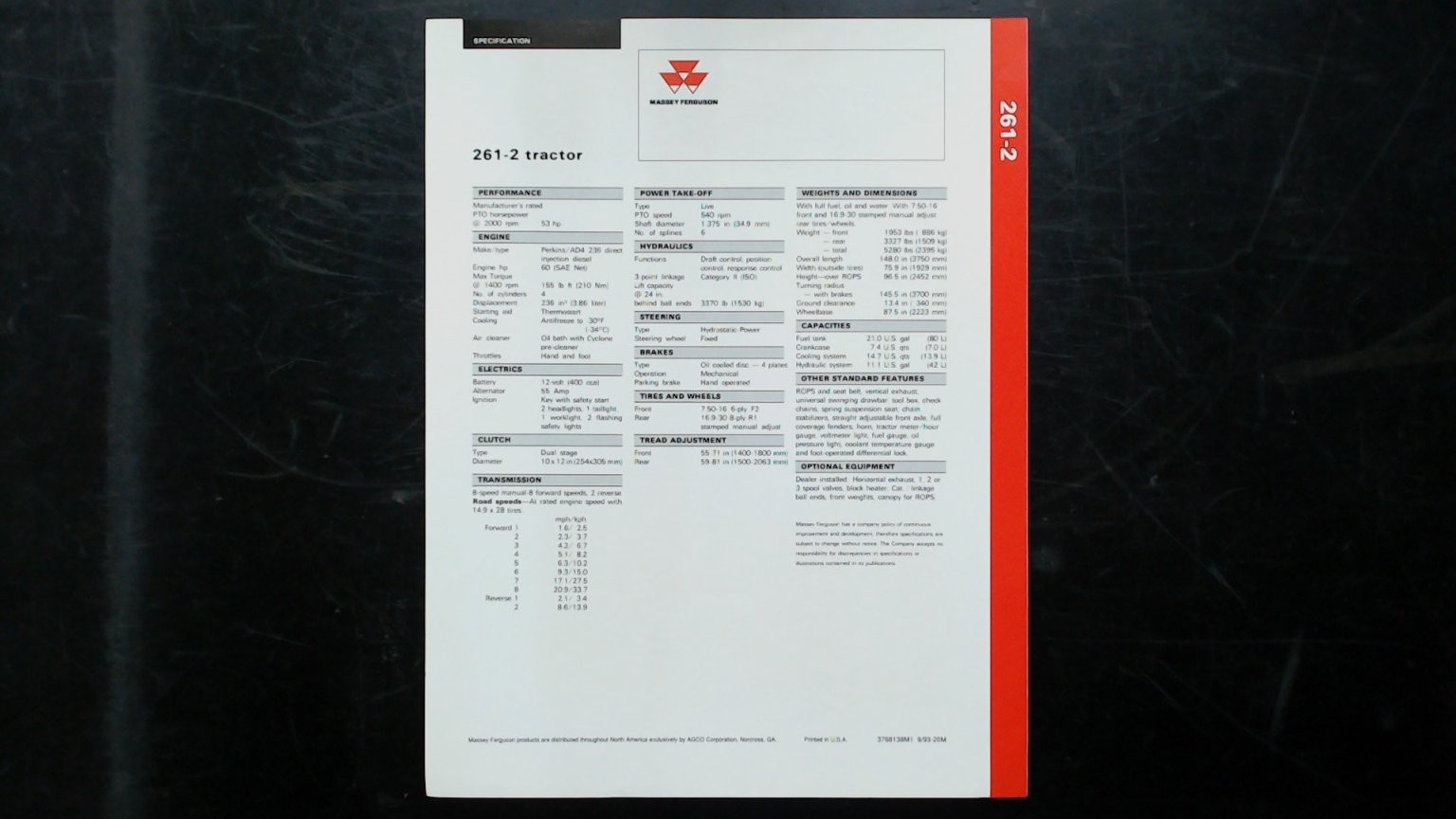 Massey Ferguson 261-2 Tractor Vintage Brochure 1993 Red White