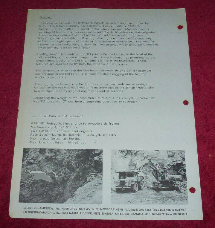 Vintage Liebherr Job Report #111 R981 Shovel C&C Coal Company