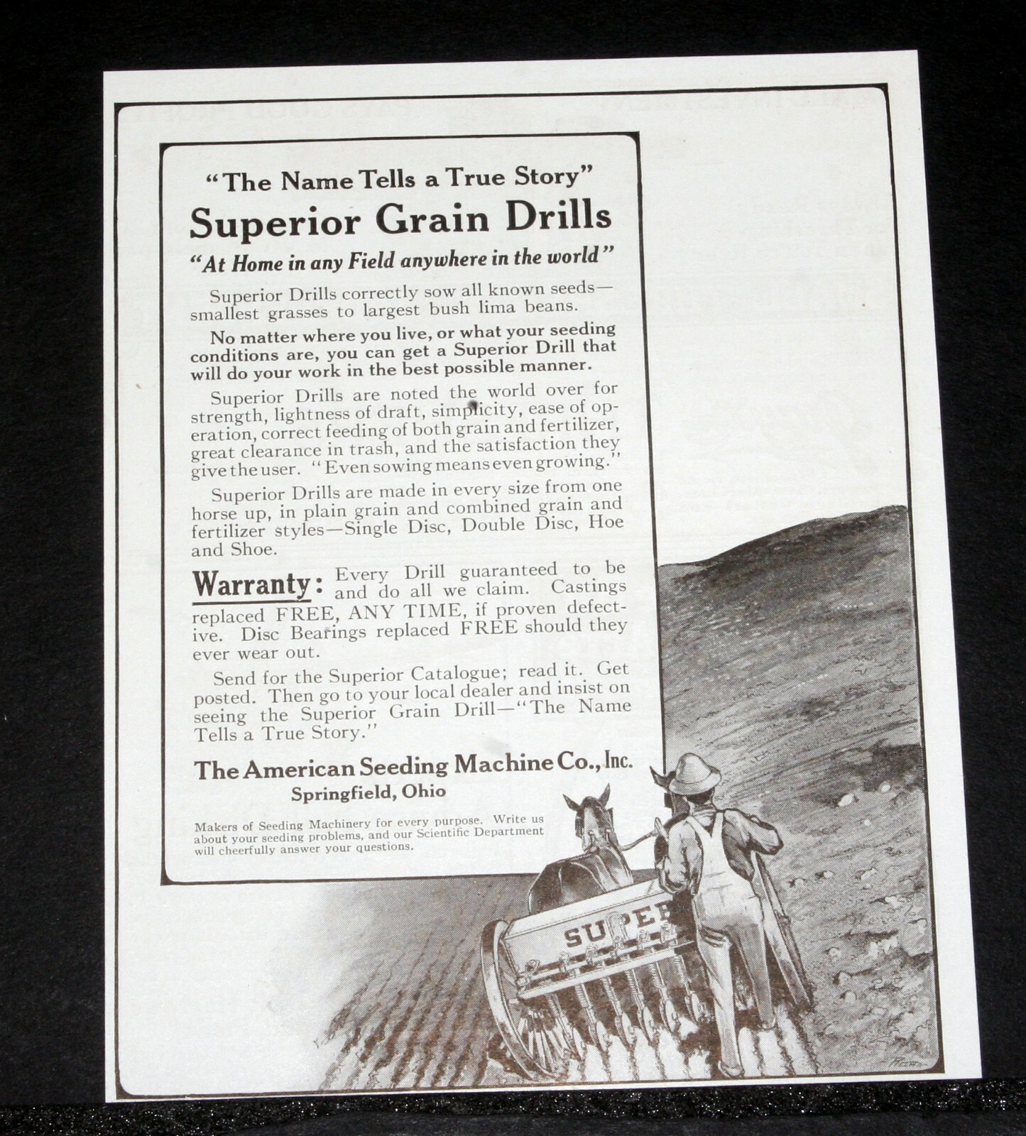 1915 OLD MAGAZINE PRINT AD, AMERCIAN SEEDING MACHINE CO, SUPERIOR GRAIN DRILLS!