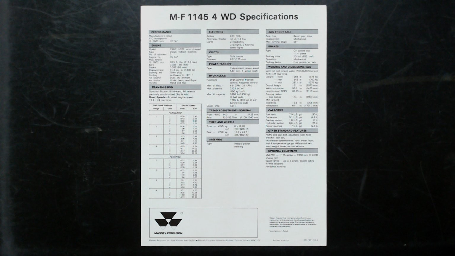 Massey-Ferguson 1145 Tractor Brochure Vintage Agriculture Spec Sheet