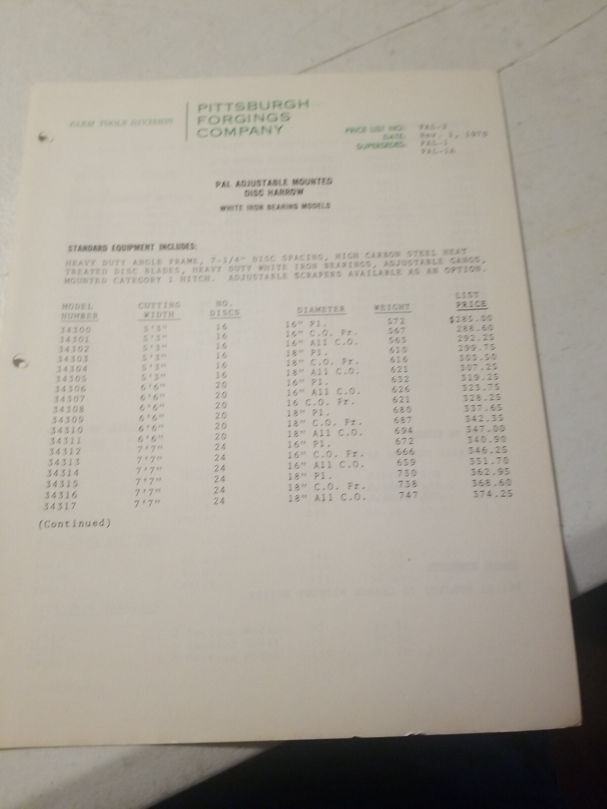 1970 PITTSBURGH FORGINGS CO. Farm Tool Division Master Parts List &PRICE LIST