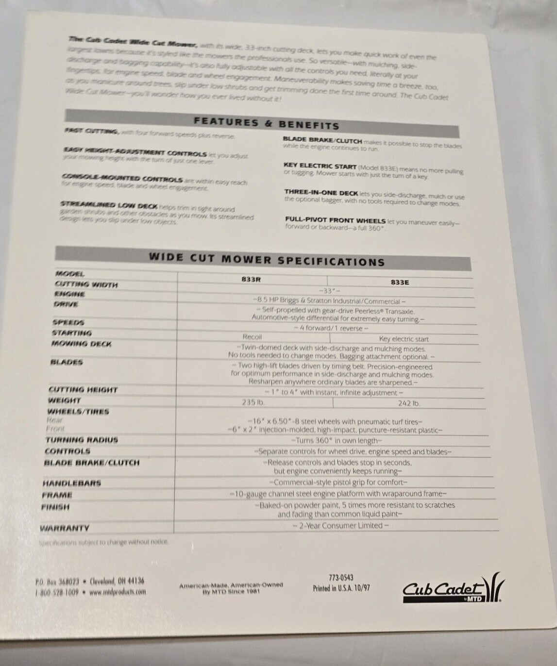 1997 Cub Cadet MTD Ad Brochure Wide Cut Commercial Mowers Equipment Specs