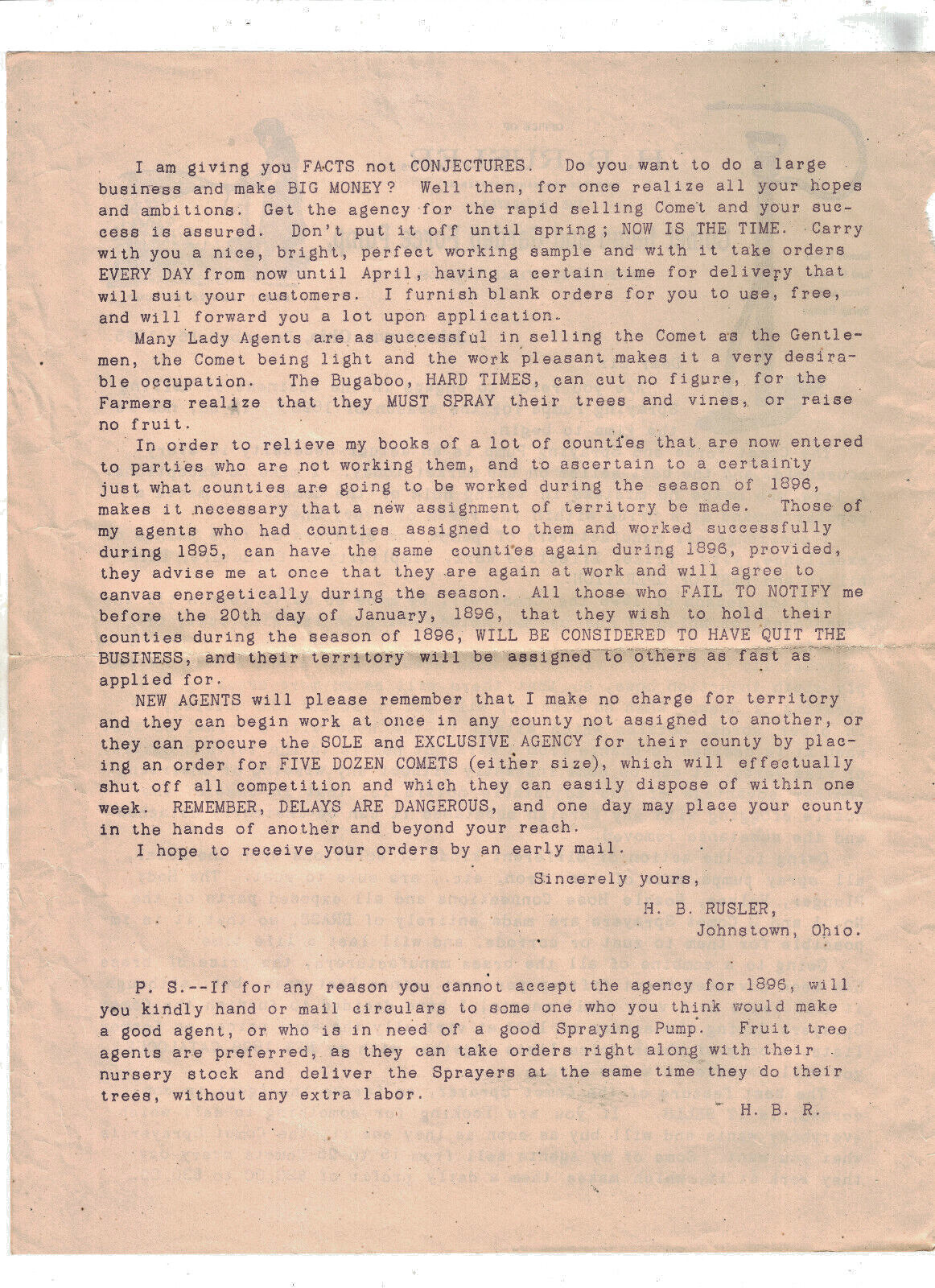 1896 Comet Lawn &Garden Force Pump Recruiting Letter Packet Price List Catalogue