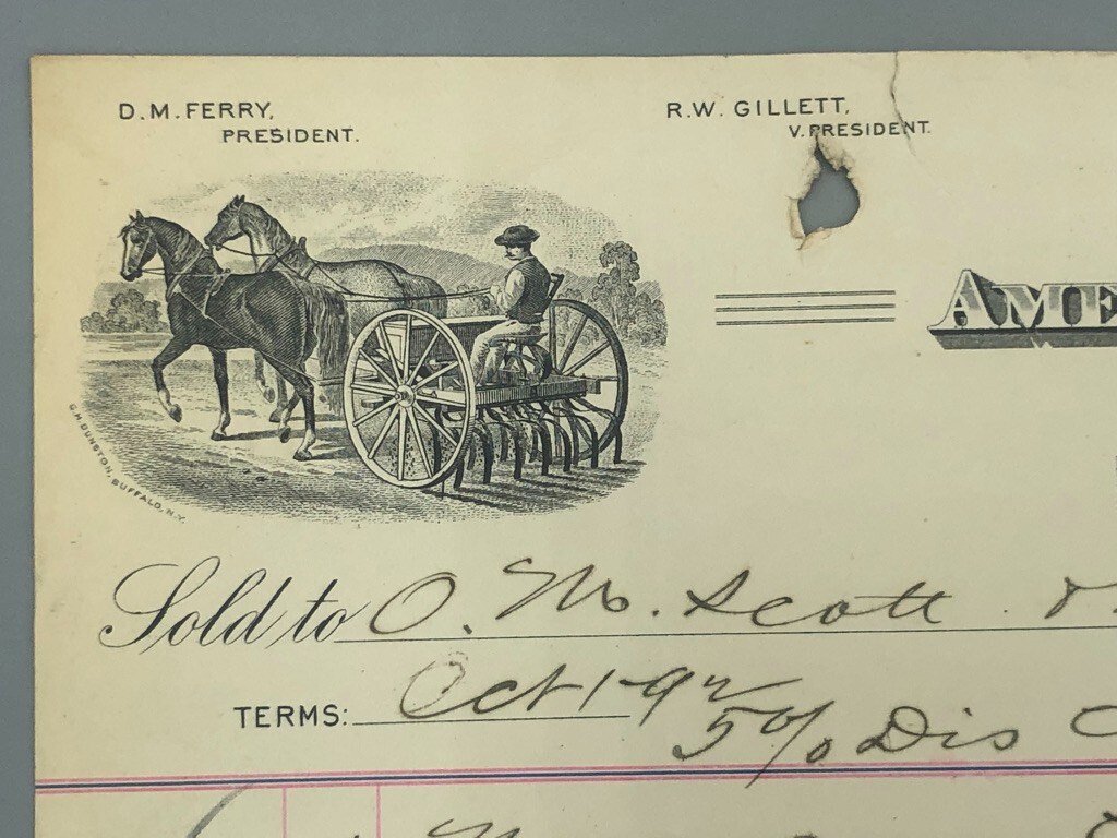 1892 AMERICAN HARROW Plow Receipt Antique FARM Advertising DETROIT Michigan