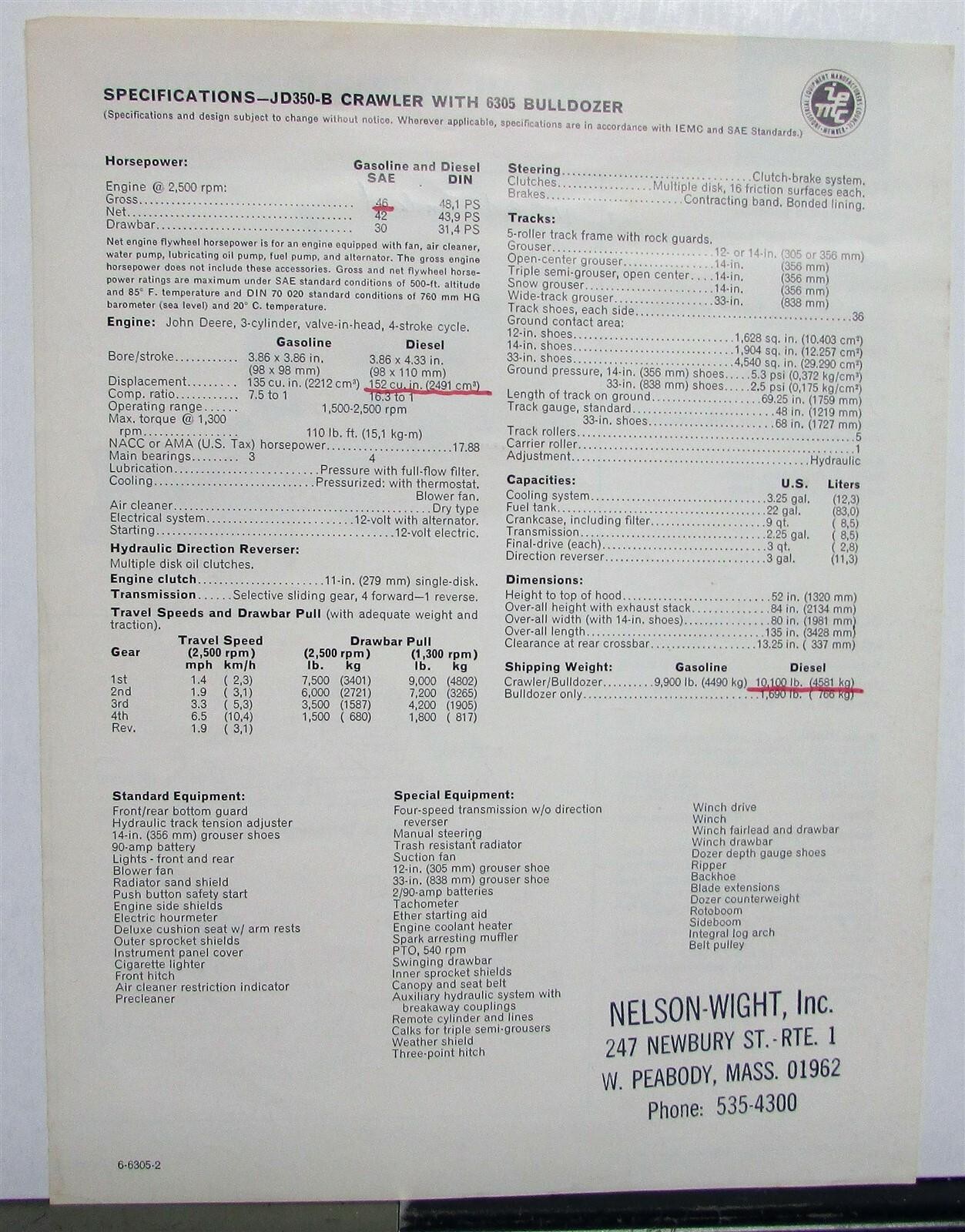 1971 John Deere 6305 Bulldozer Specifications Construction Sales Brochure