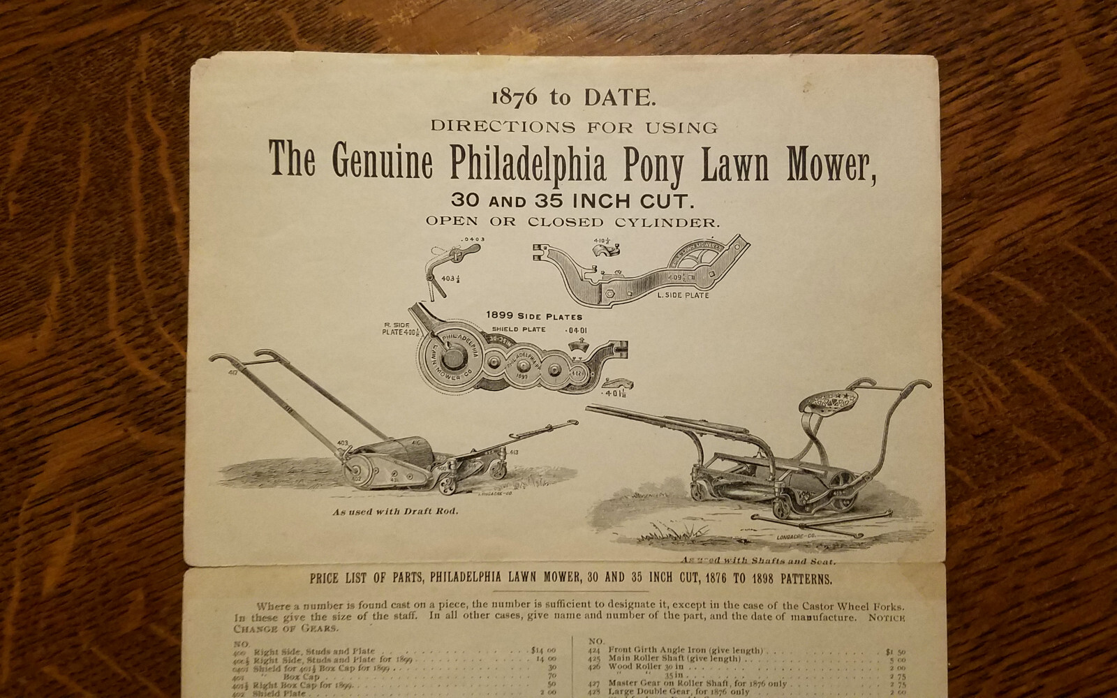 1800s Philadelphia Pony Lawn Mower Price List Farm Implement Horse Manual