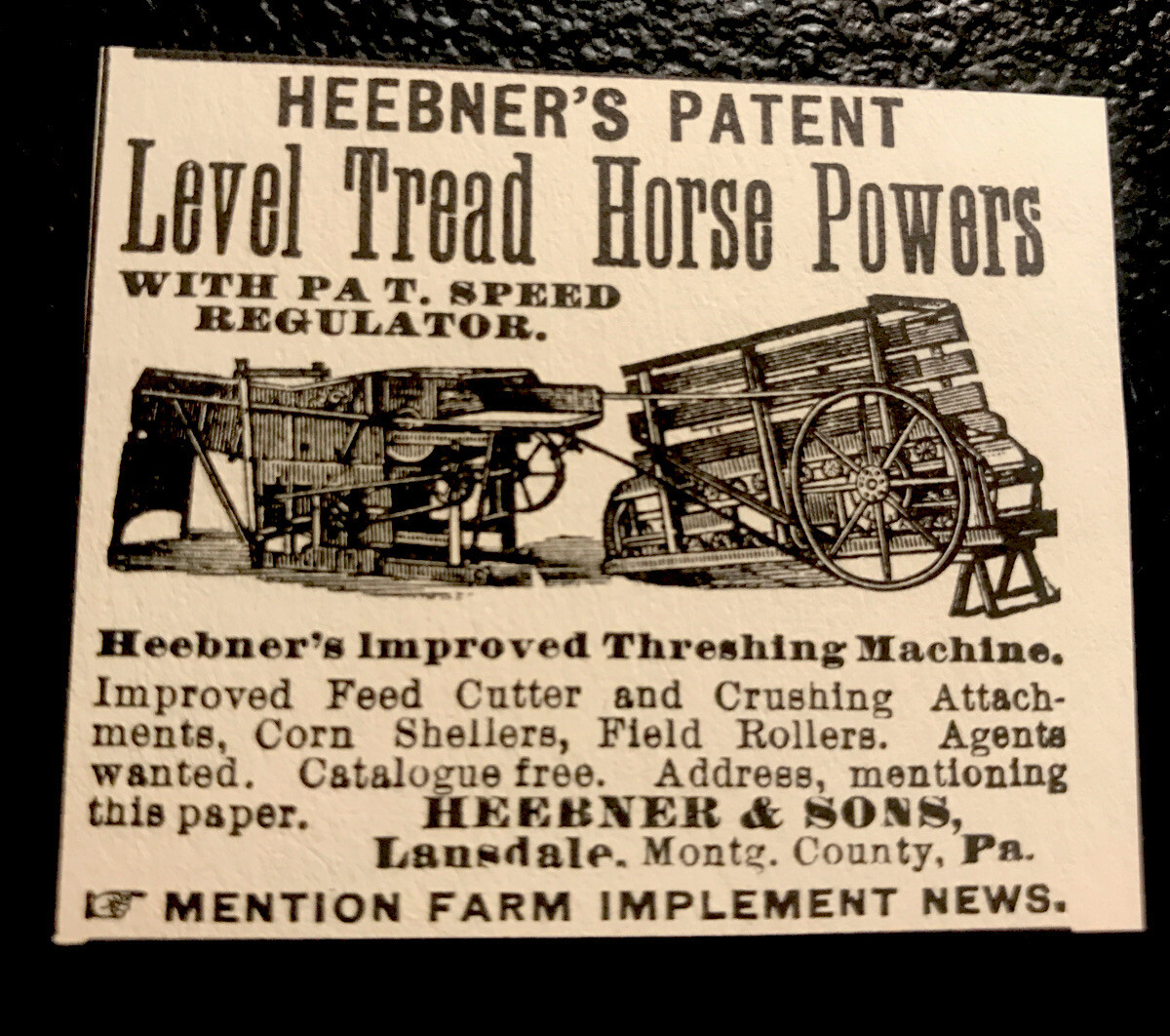 1889 Heebner & Sons Implement Farm Advertising – Lansdale- Pennsylvania
