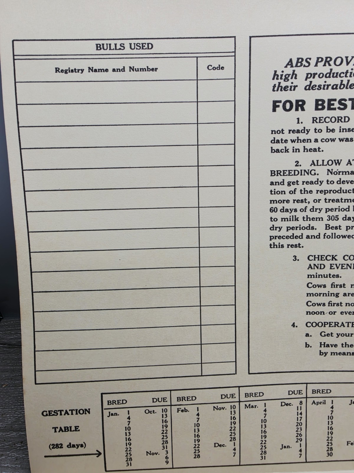 Rare 1957 American Breeders Service Folder Cow Breeding Schedule NOS Advert