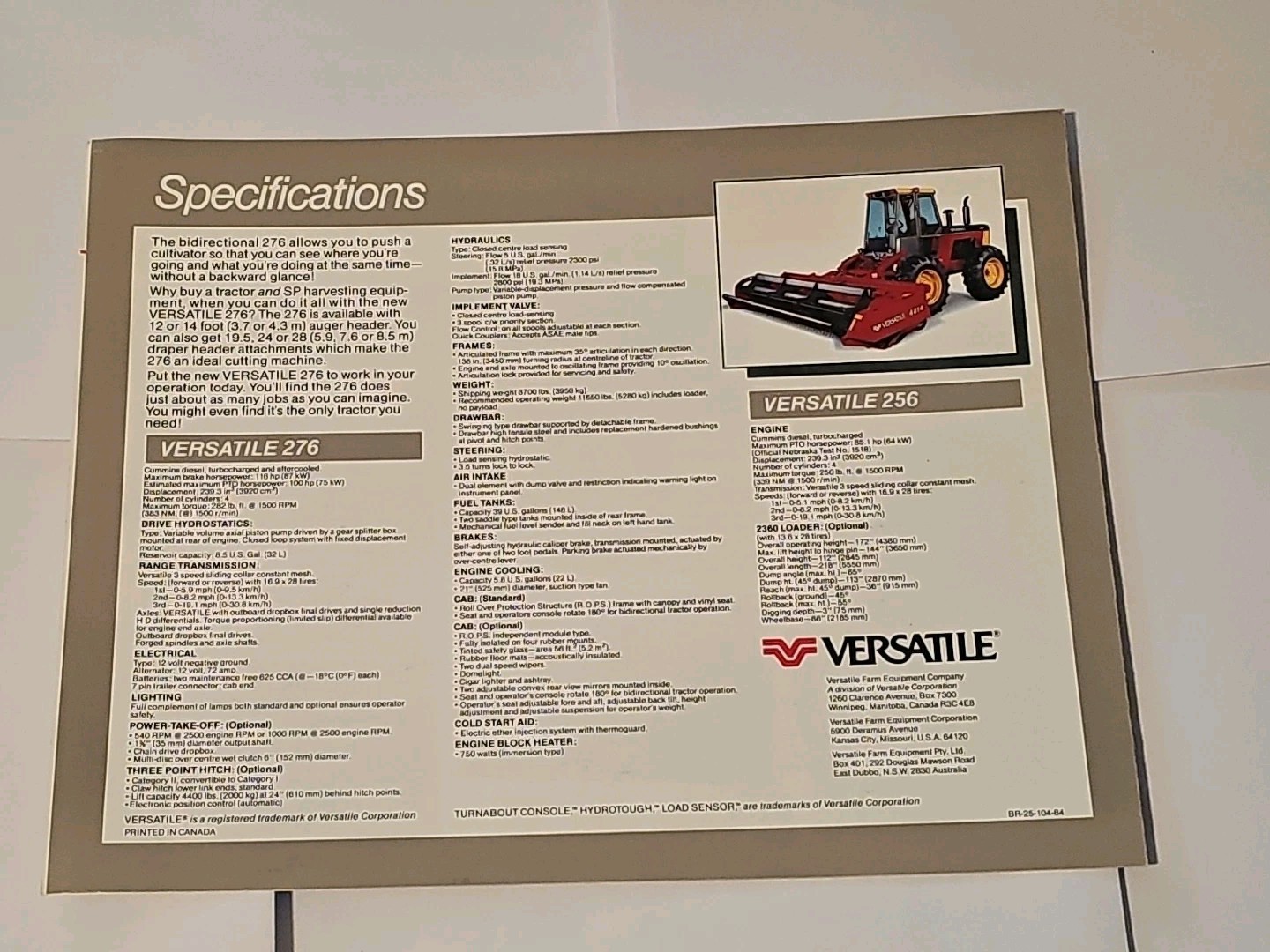 1984 Versatile 276 100 PTO Horsepower 4WD Tractor Sales Brochure & Spec Foldout
