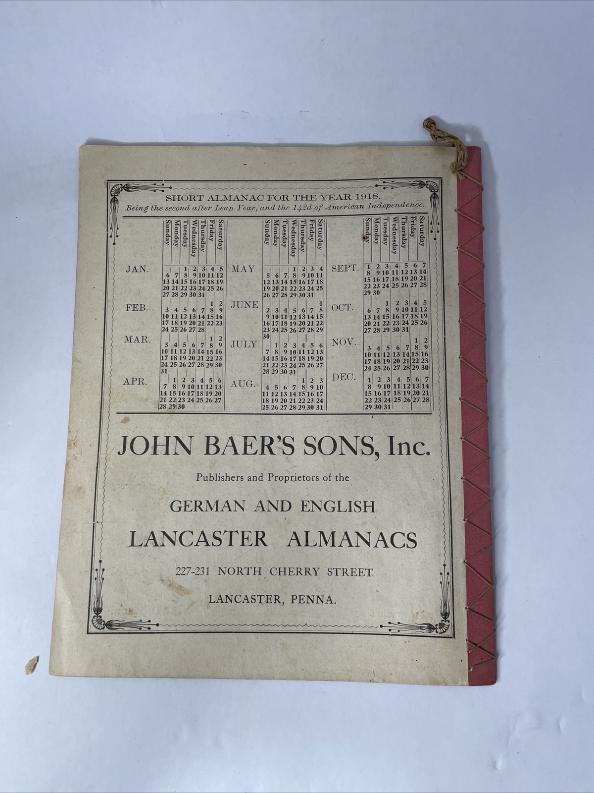 Vintage 1918 John Baers Sons Agricultural Almanac Lancaster Penn Farmers Almanac