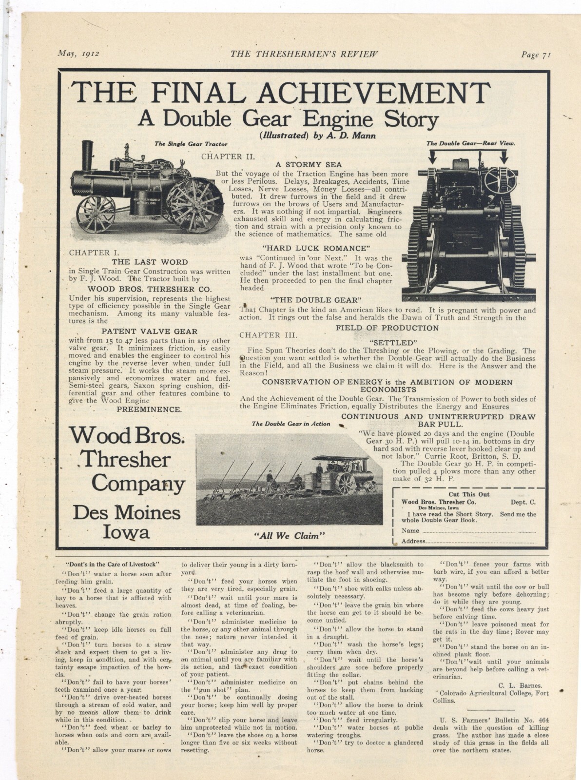 1912 Wood Bros. Thresher Co. Ad: Double Gear Engine Story – Pregnant with POWER!