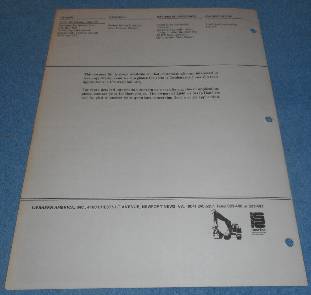 Vintage Liebherr Excavator Owners List Scrap Handlers & Related Applications