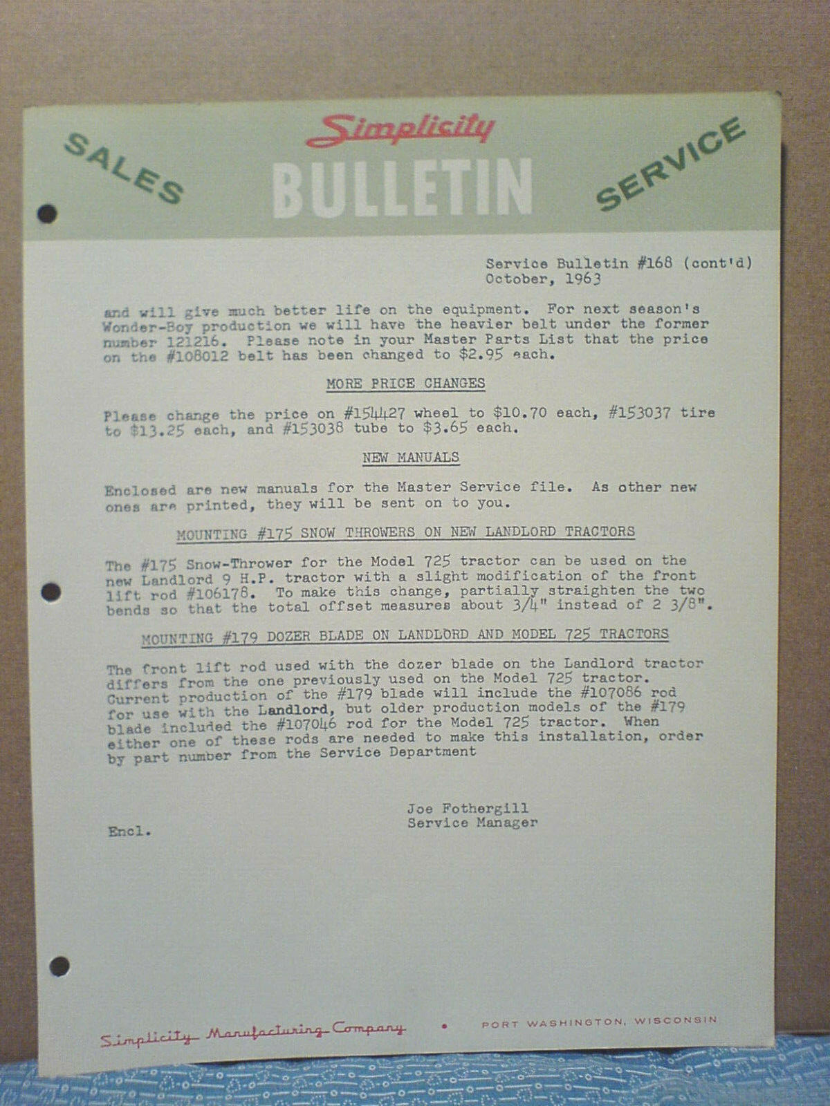 SIMPLICITY ORIGINAL OCTOBER, 1963 2 PAGE SERVICE BULLETIN #168