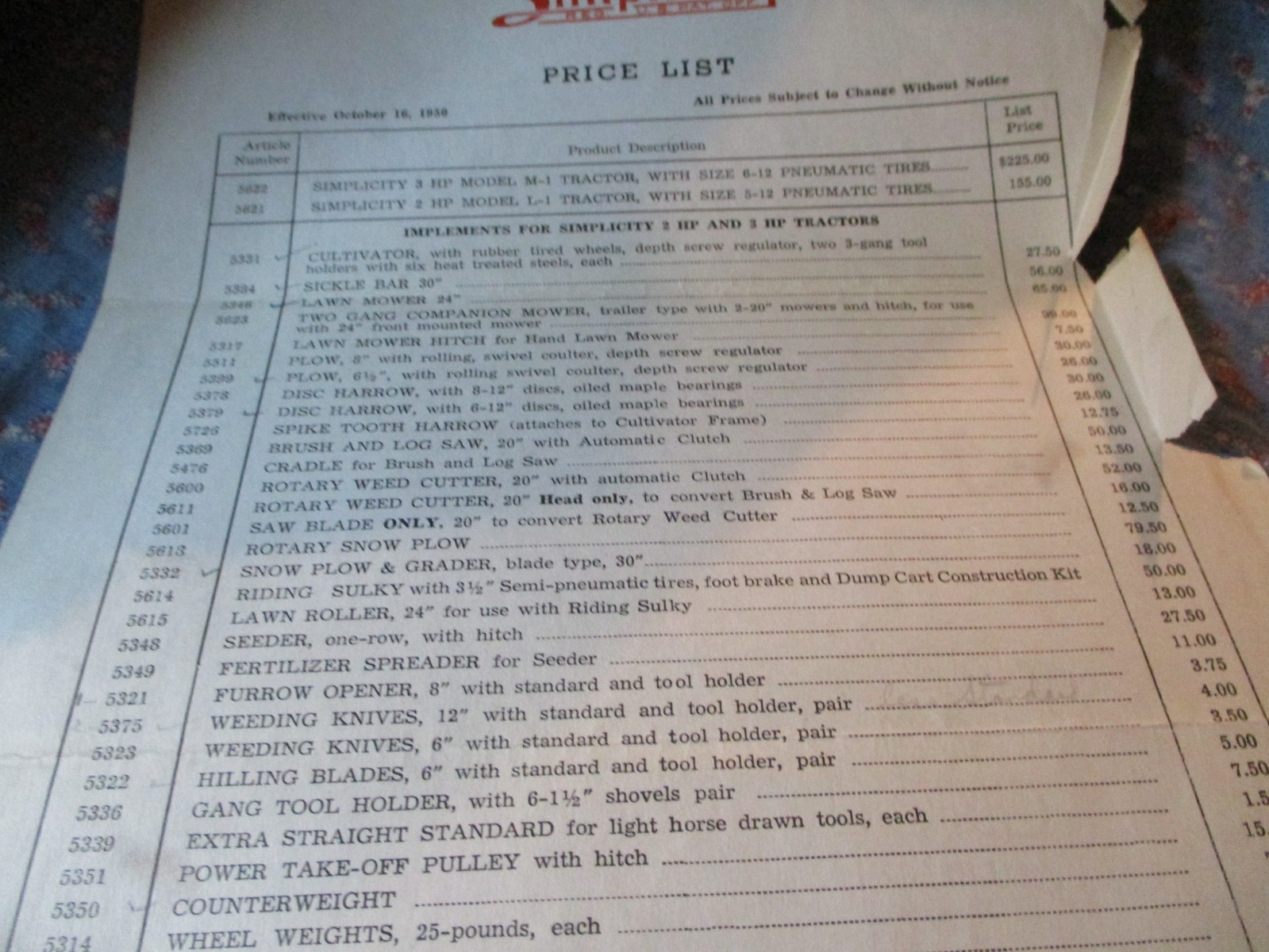Oct 16 1950 Simplicity Manufacturing Company Price List Port Washington Wisconsi