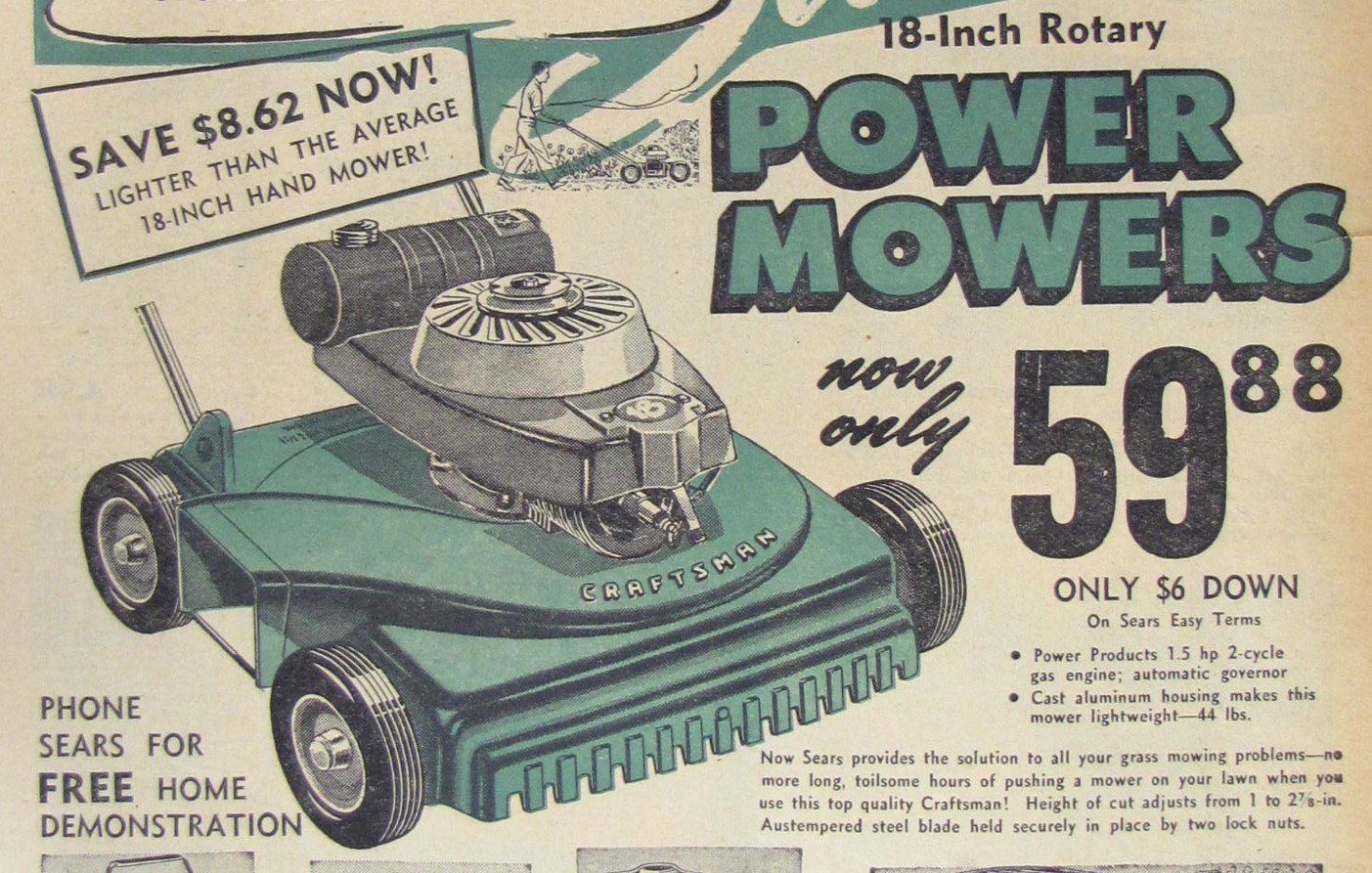 Vintage 1955 Sears DUNLAP Lawn Mower Newspaper Print Ad