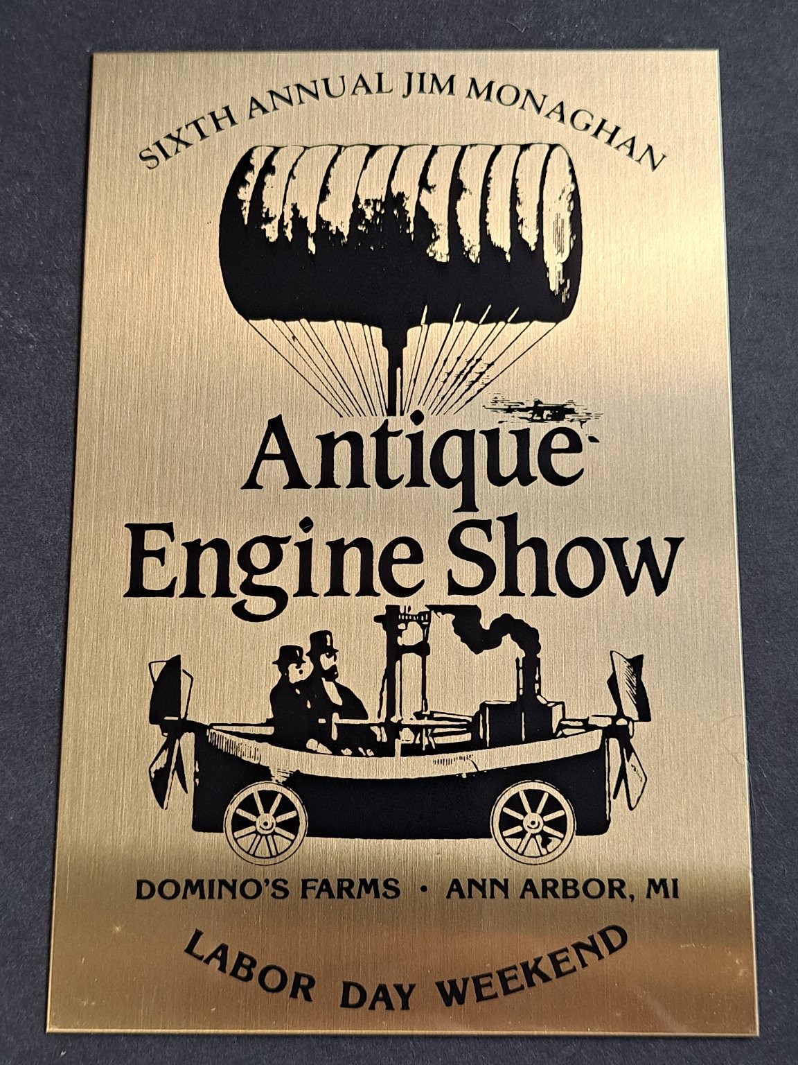 Jim Monaghan Antique Engine Show Brass Plaque Ann Arbor MI Collectible