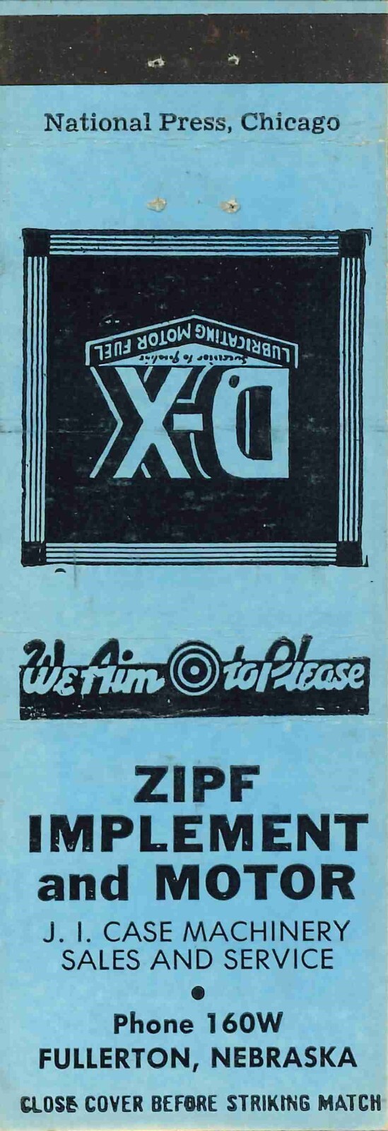 Matchbook Cover D X Motor Fuel J I Case Zipf Implement Co Fullerton Nebraska