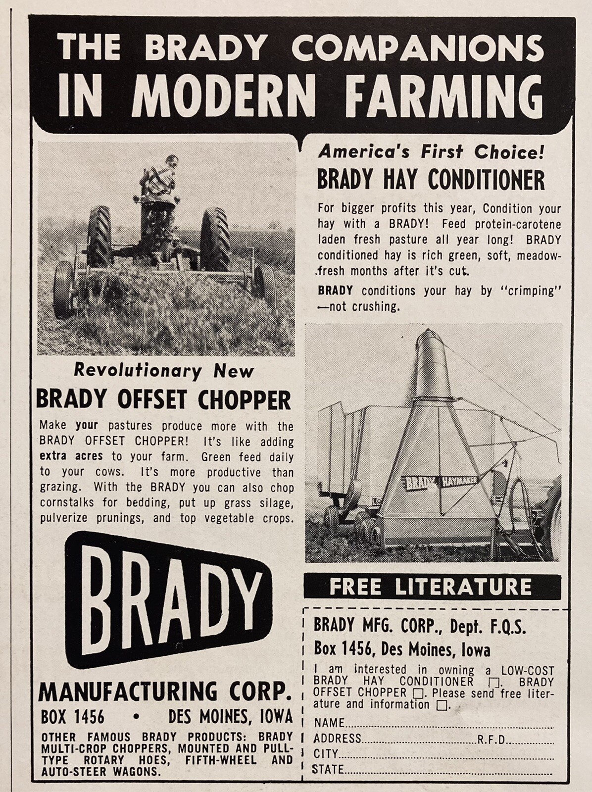 1958 AD.(XH48)~BRADY MFG. CO. DES MOINES, IOWA. HAY CONDITIONER, OFFSET CHOPPER