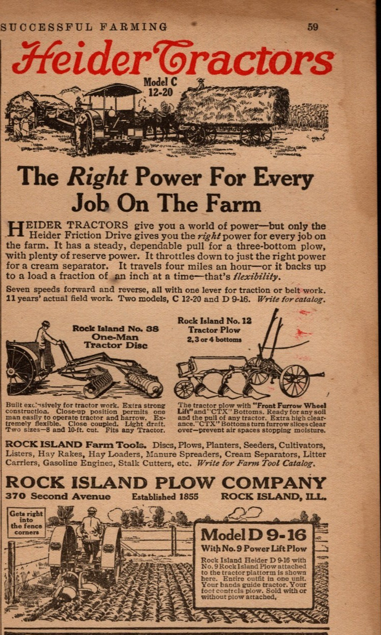 Heider Model C and D original Tractor ad – Rock Island IL Scarce