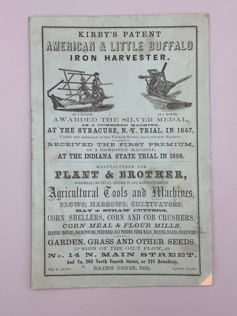 1859 KIRBY American Little Buffalo IRON HARVESTER Farm Advertising ST LOUIS