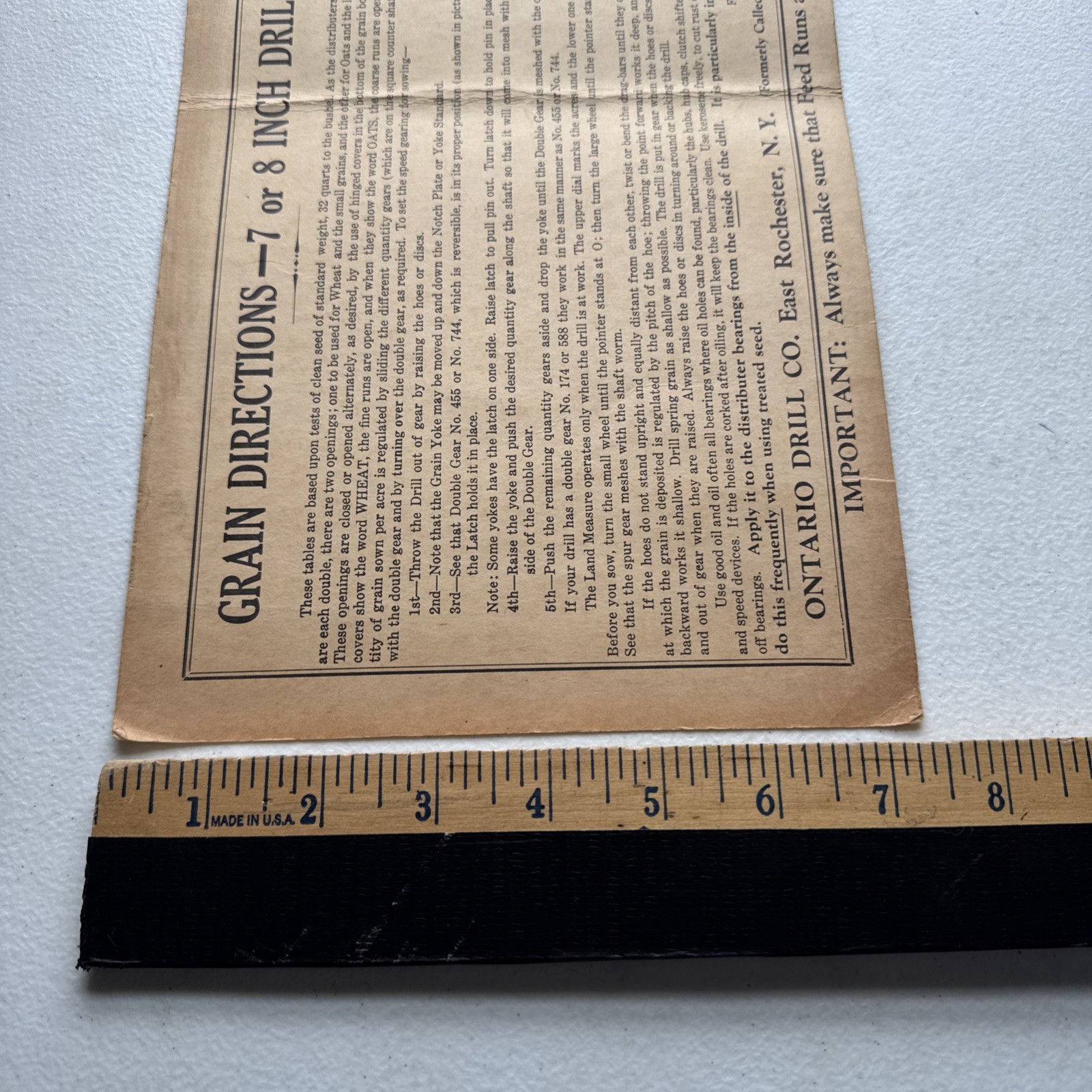 Ontario Drill Co. East Rochester, NY Application Chart 7-8 Inch Drills