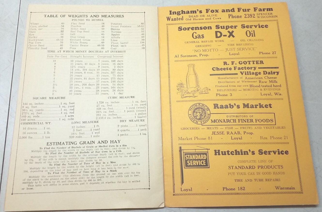 Vintage 1944 Advertising Local Farmers Account Book Ledger Spencer Loyal Wisc
