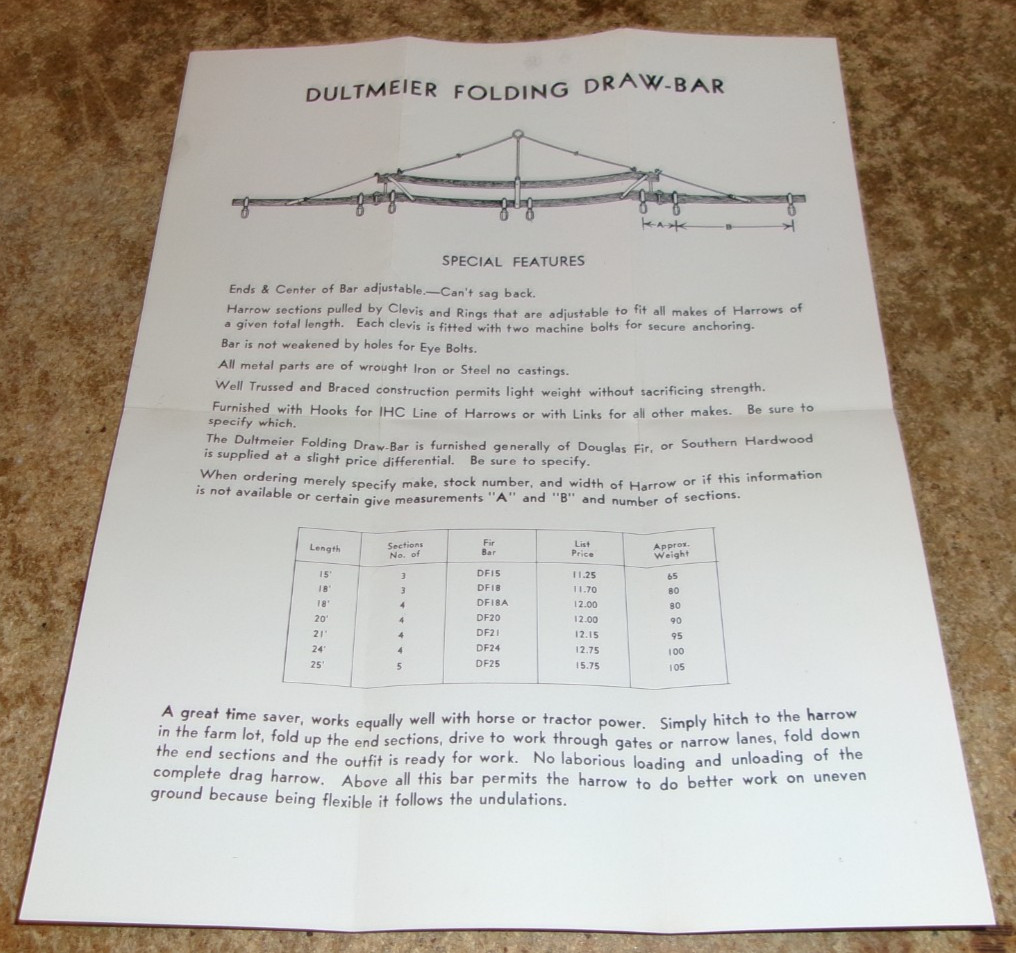 vintage Dultmeier mfg. co. 2 page folding drawbar pamphlet very good used