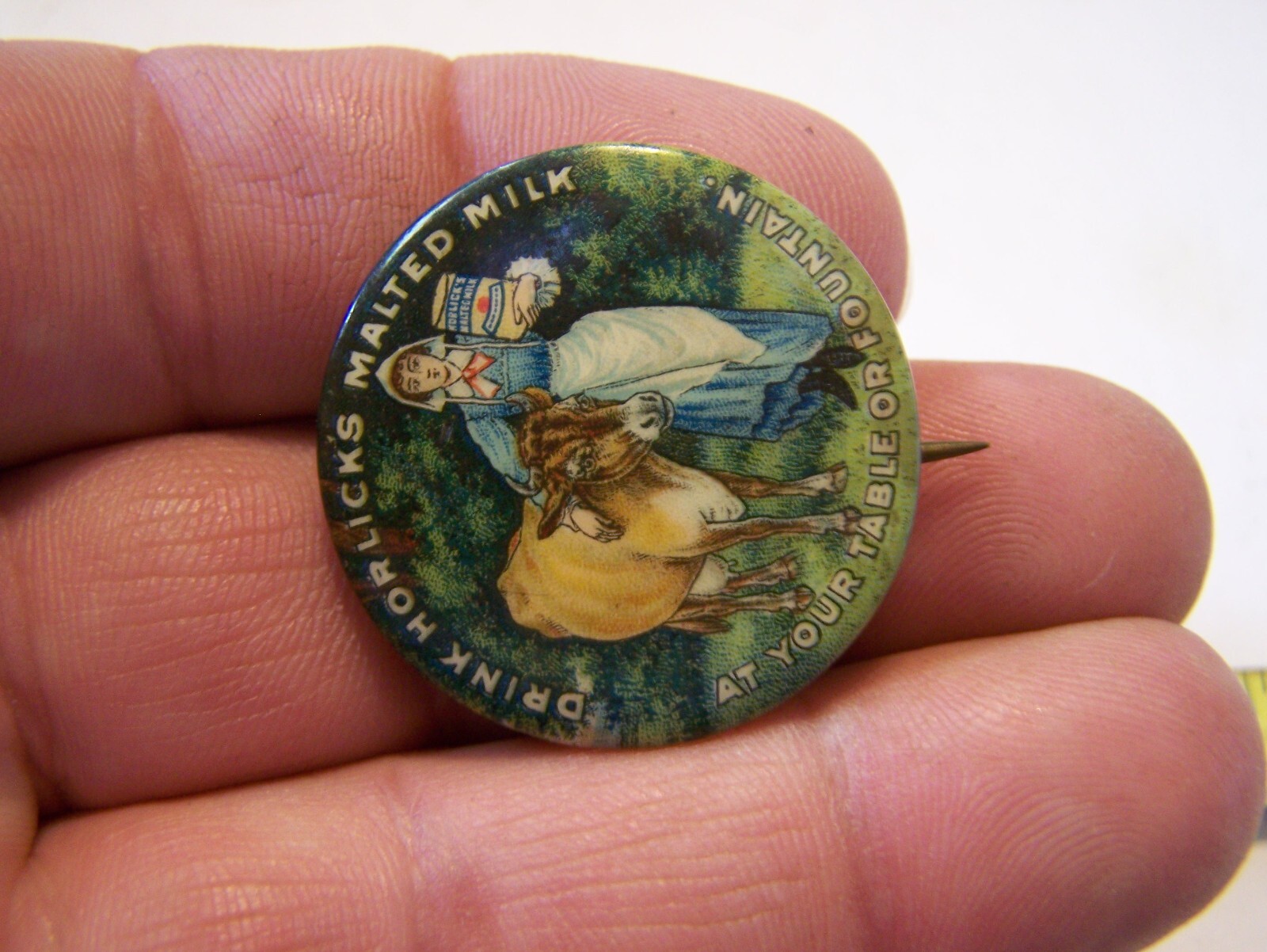 HORLICK&rsquo;S MALTED MILK Celluloid Pinback Farm Dairy Jersey Cow Whitehead Hoag